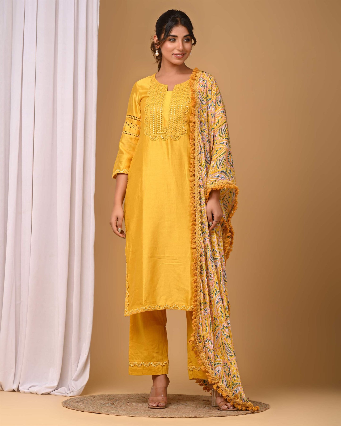 Yellow Straight suit set with Chiffon dupatta