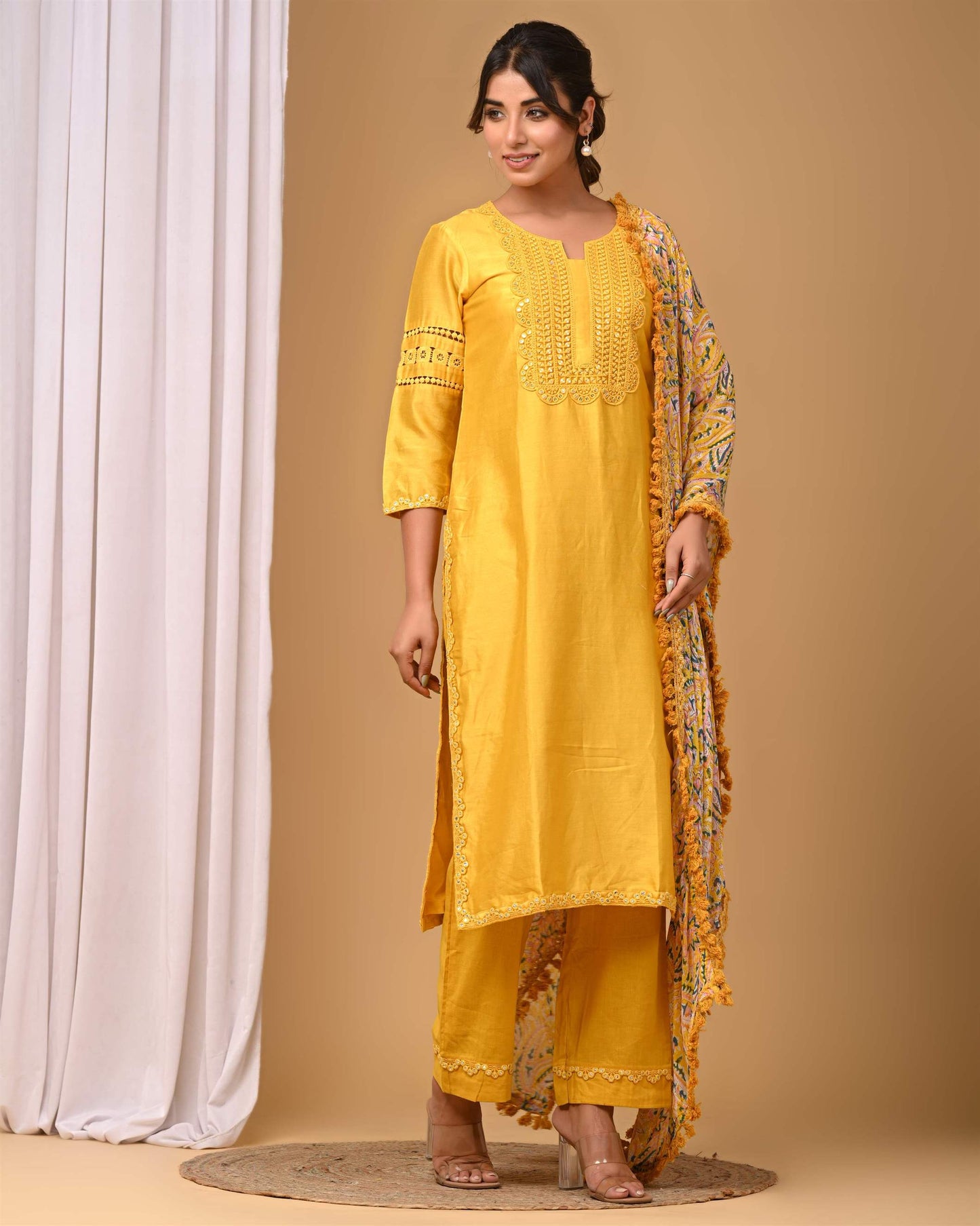Yellow Straight suit set with Chiffon dupatta