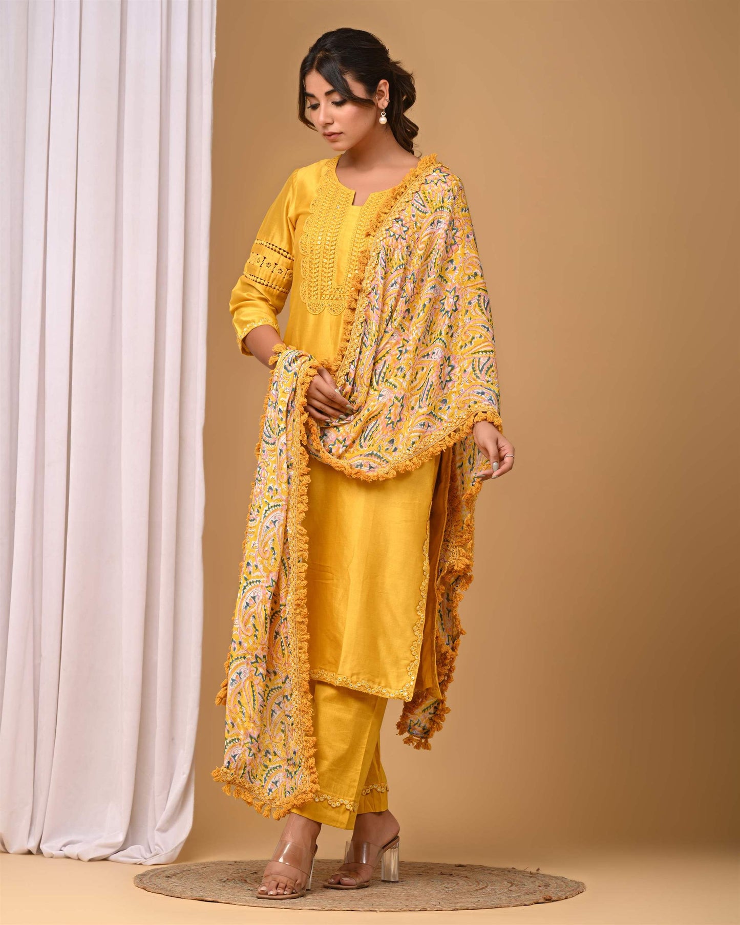 Yellow Straight suit set with Chiffon dupatta