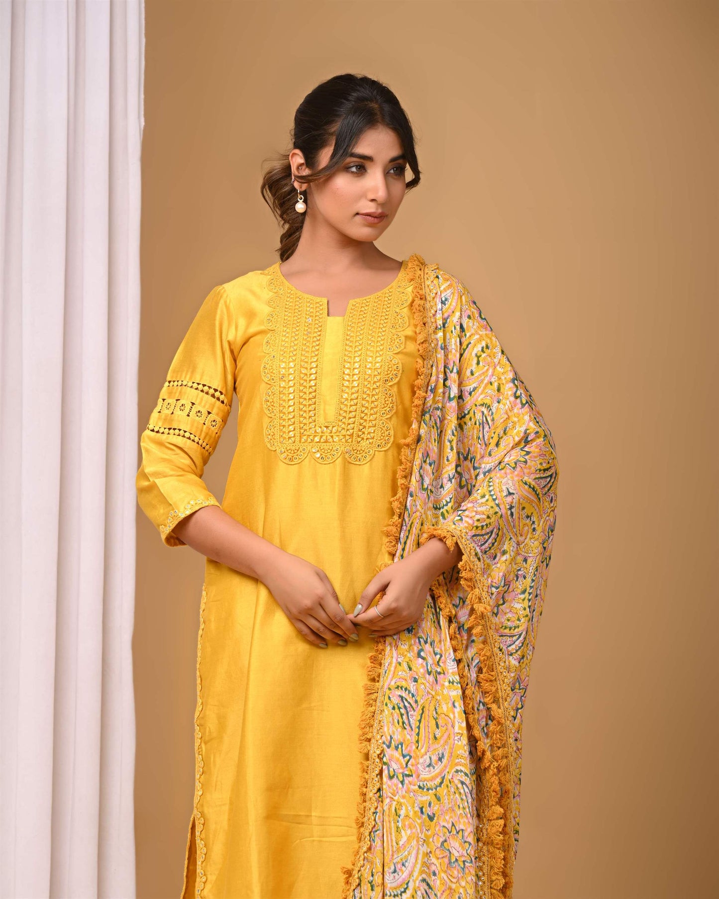Yellow Straight suit set with Chiffon dupatta