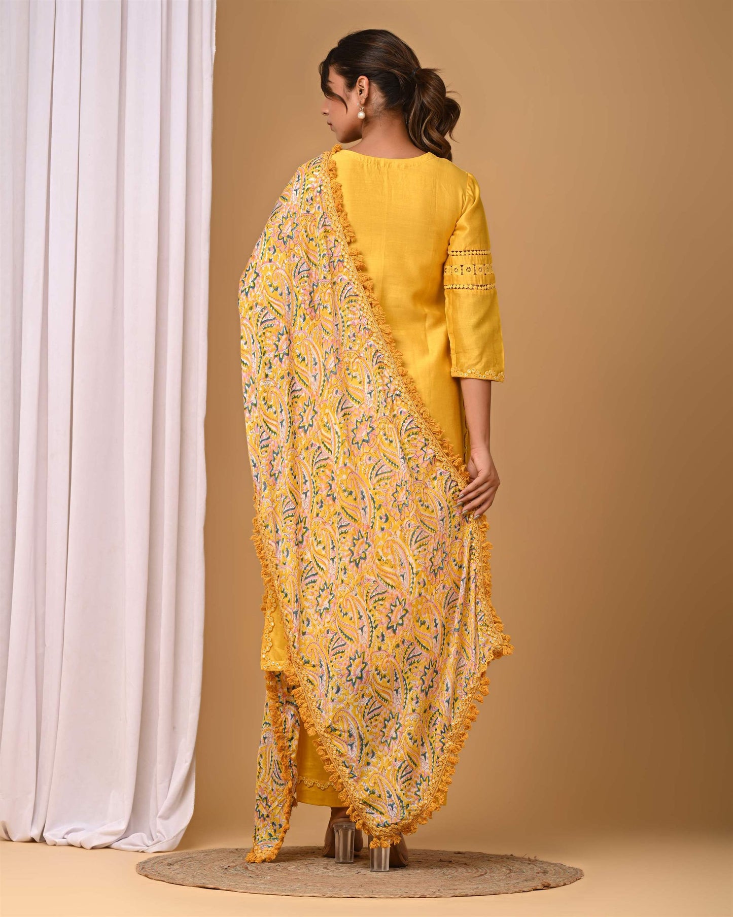 Yellow Straight suit set with Chiffon dupatta
