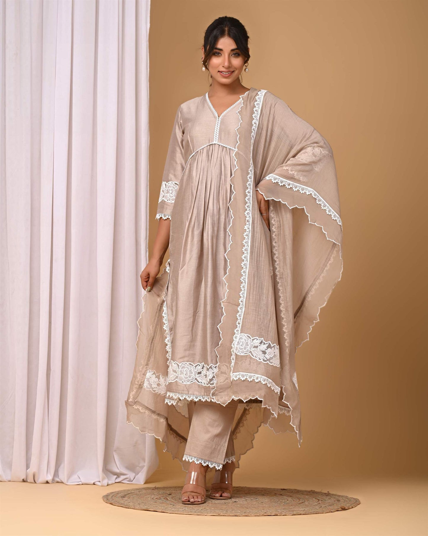 Beige Front gather Suit Set