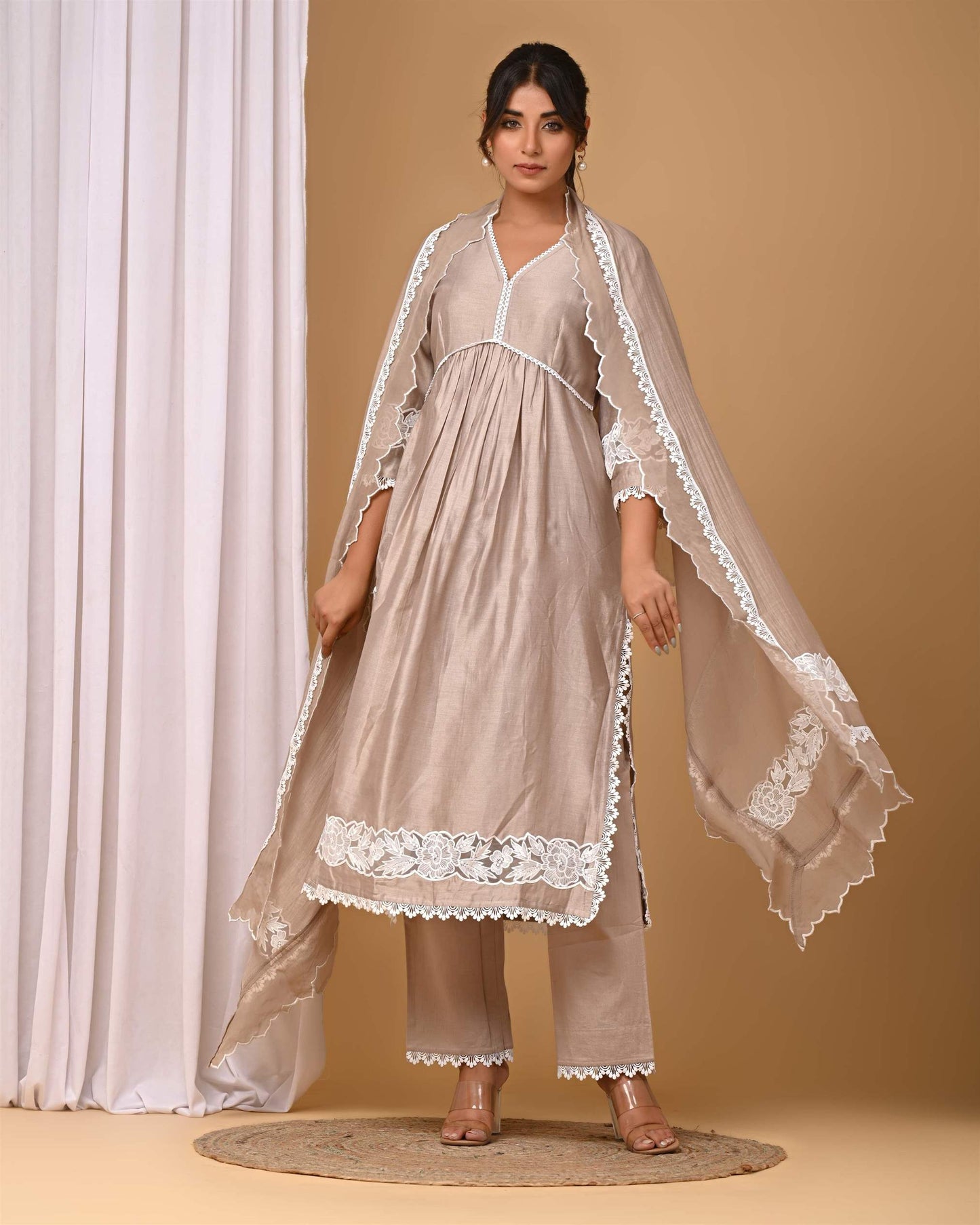 Beige Front gather Suit Set