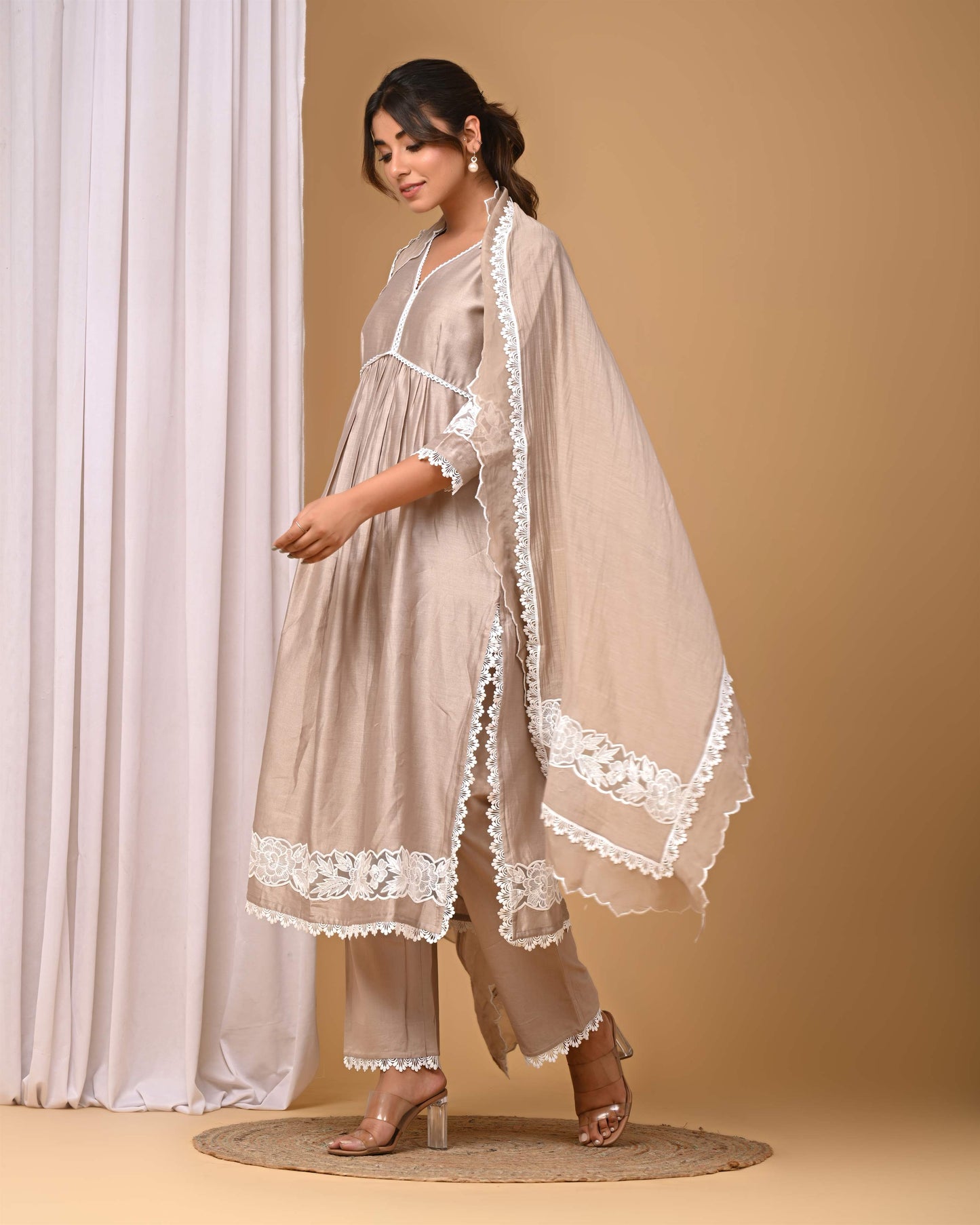 Beige Front gather Suit Set