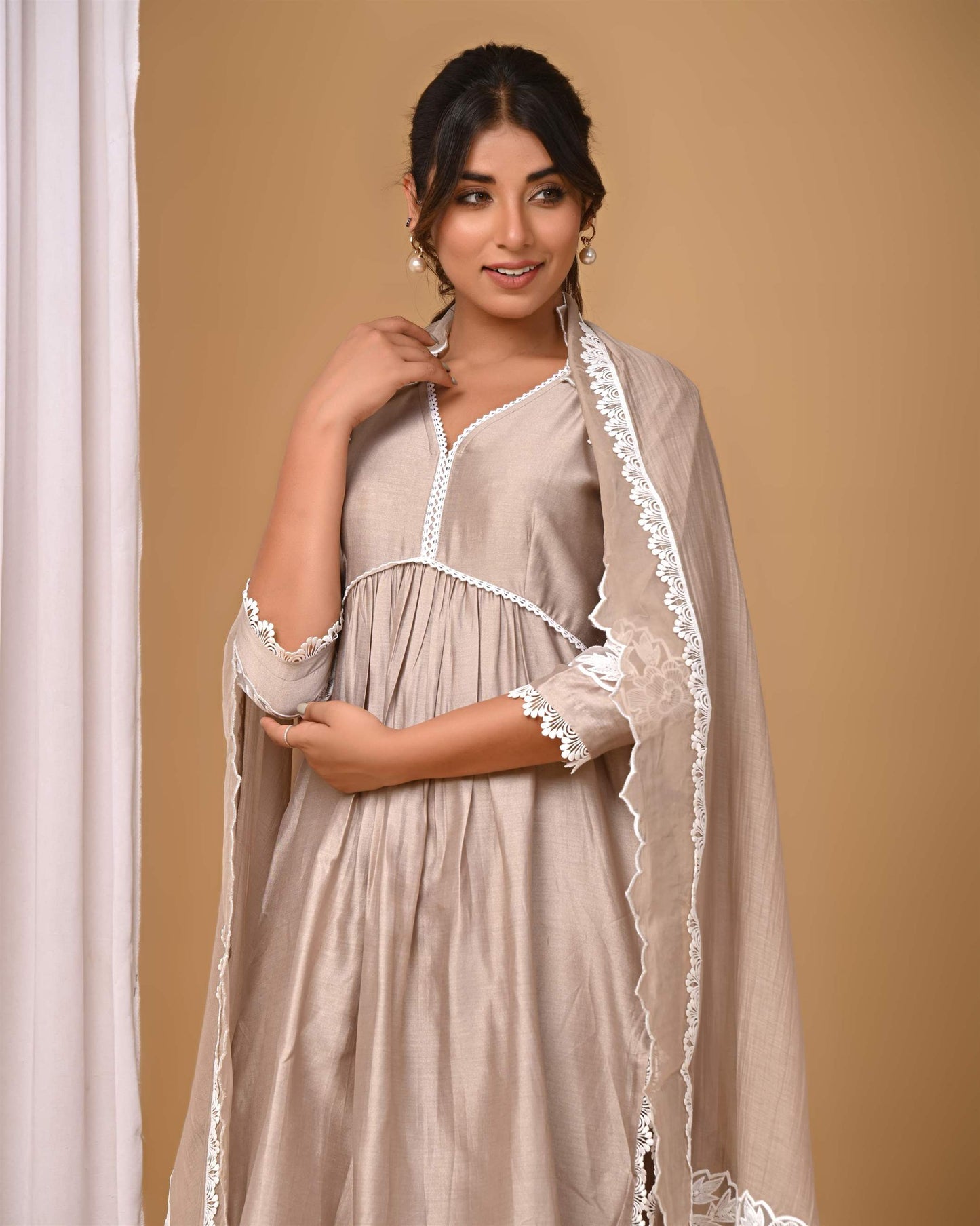 Beige Front gather Suit Set
