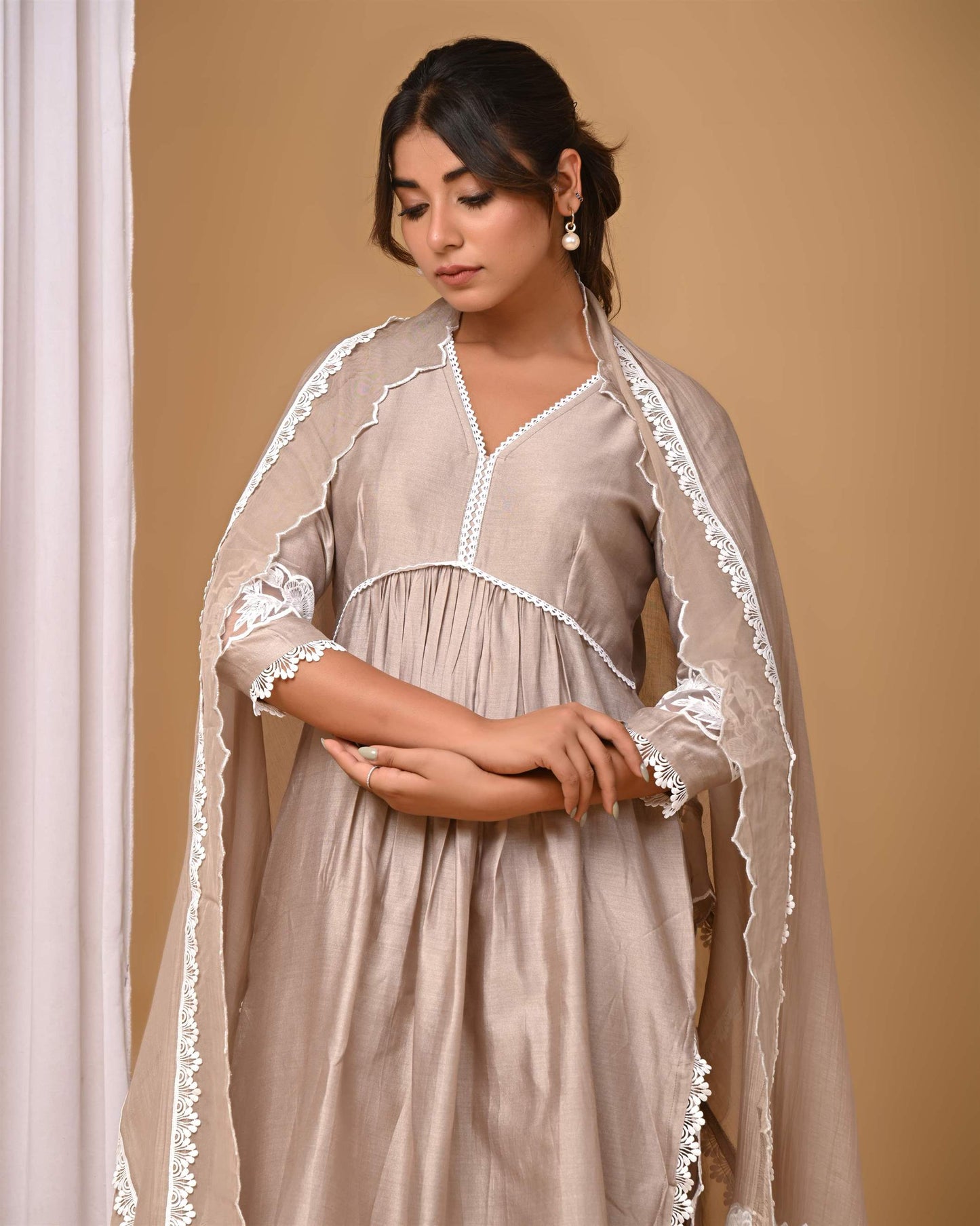 Beige Front gather Suit Set