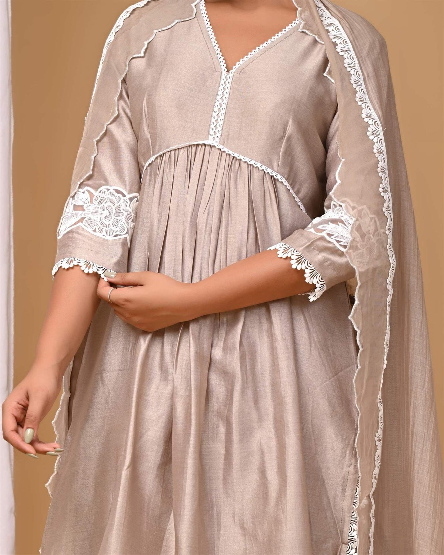 Beige Front gather Suit Set