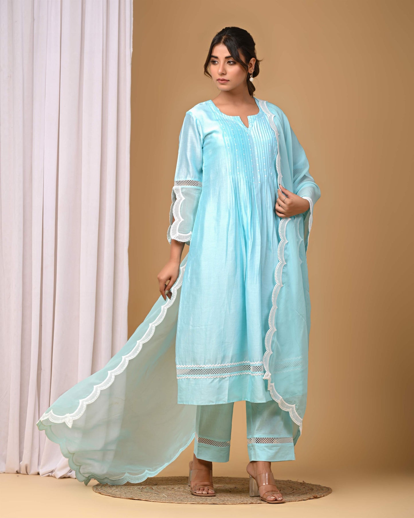 Sea Green Front Pintucks Suit Set with organza Sleeves