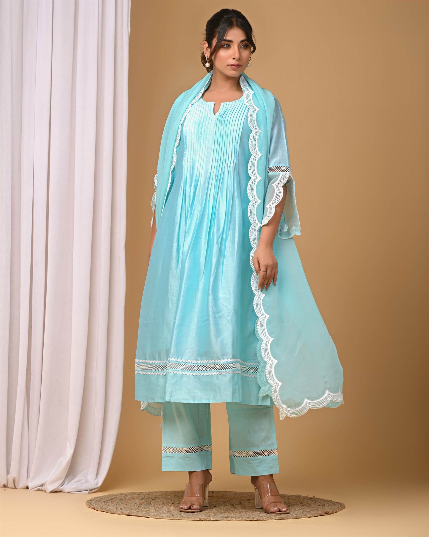 Sea Green Front Pintucks Suit Set with organza Sleeves