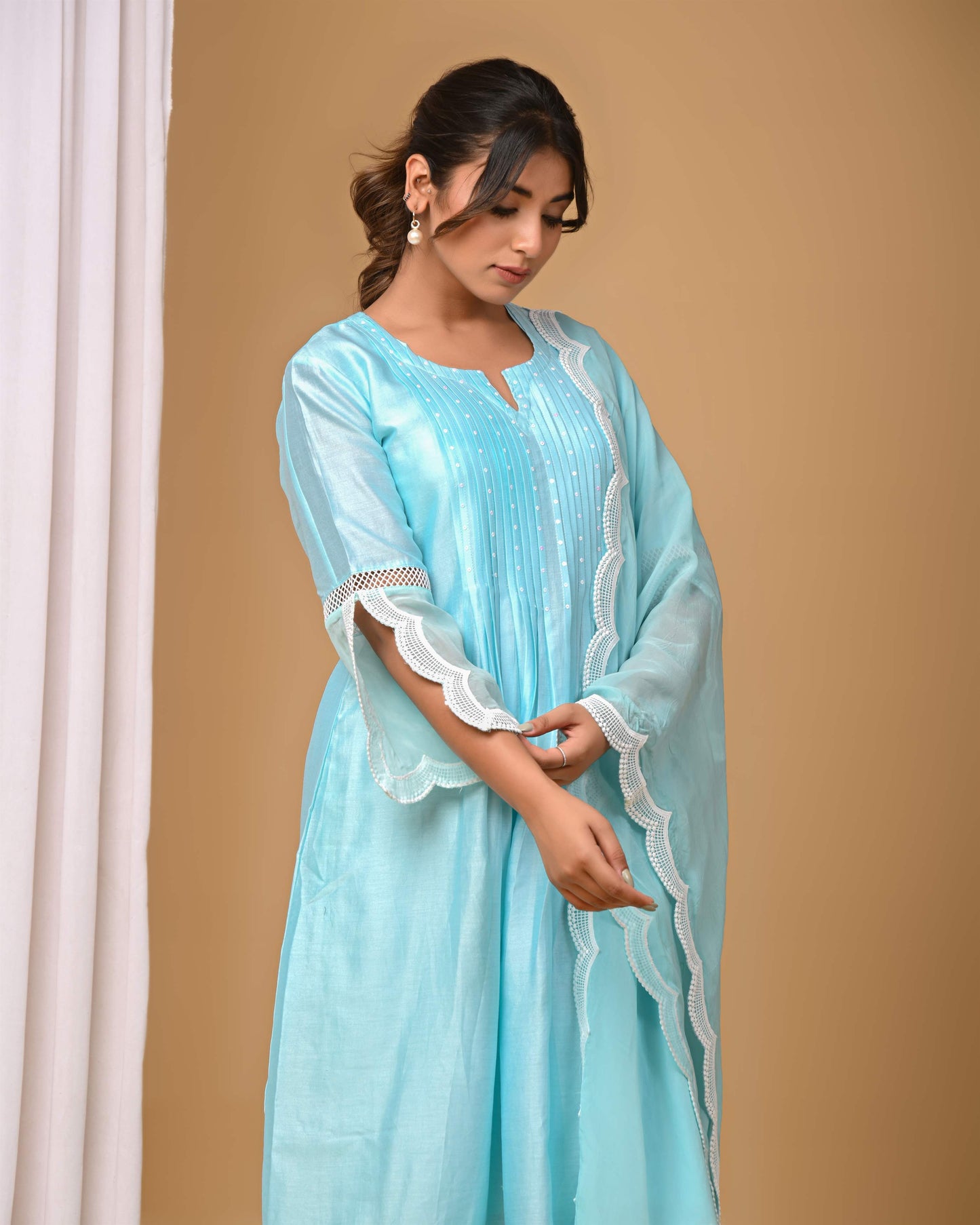 Sea Green Front Pintucks Suit Set with organza Sleeves