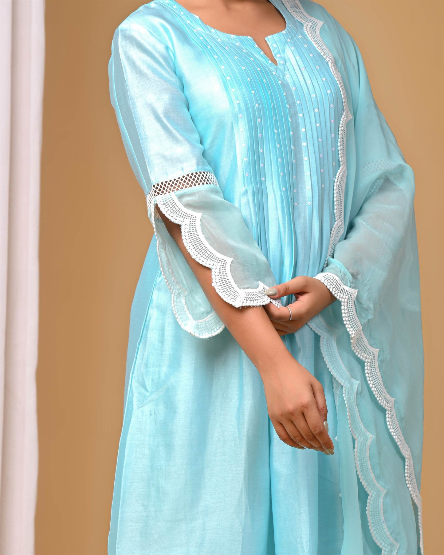 Sea Green Front Pintucks Suit Set with organza Sleeves