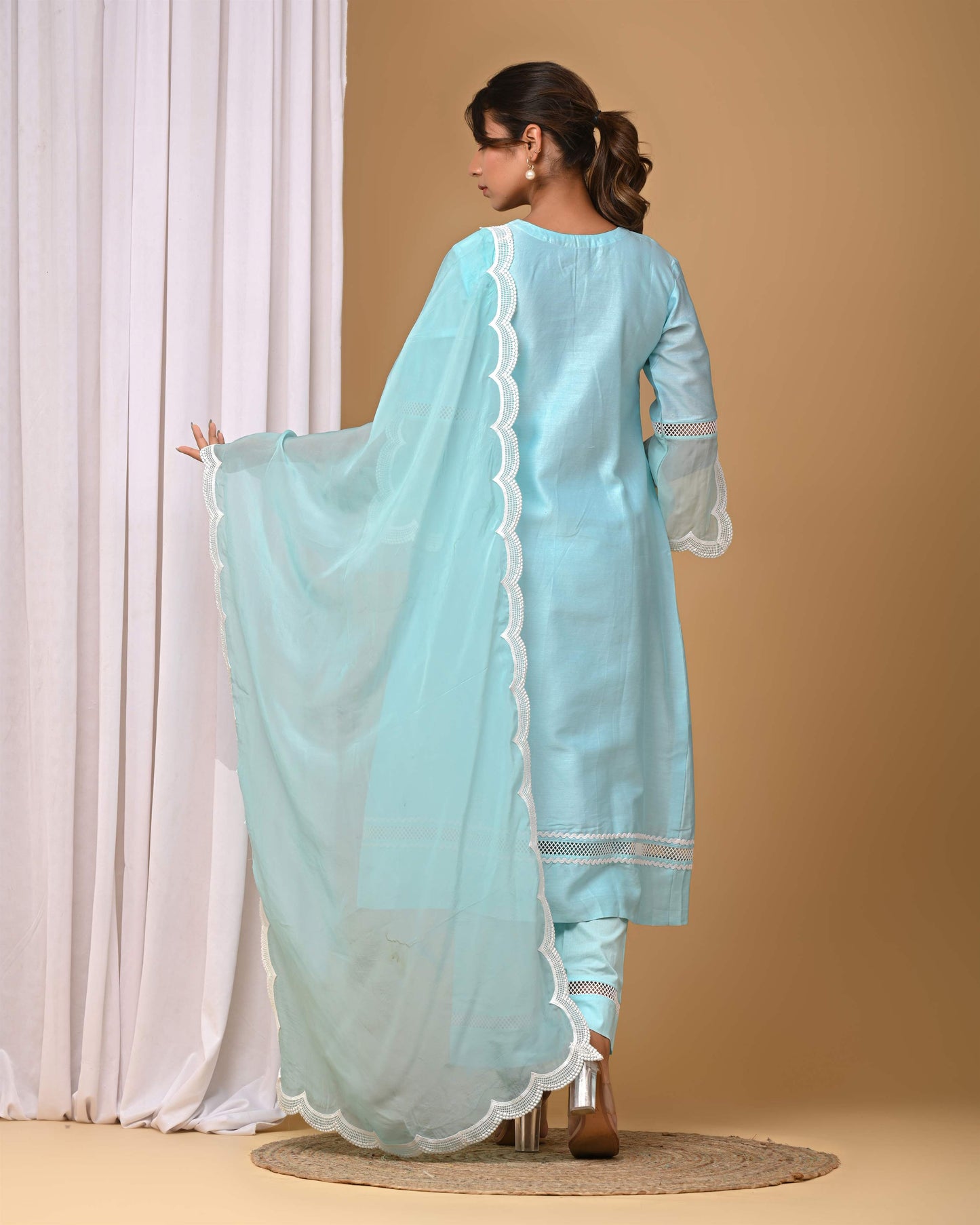 Sea Green Front Pintucks Suit Set with organza Sleeves