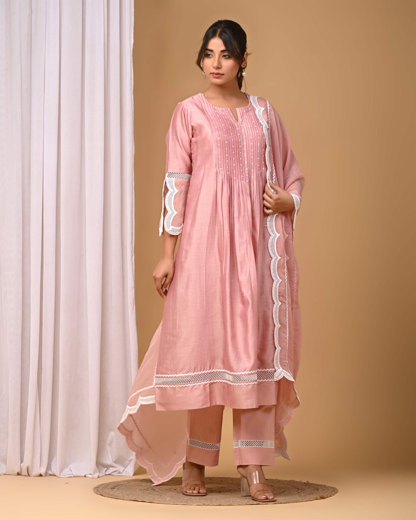 Dusty Peach Front Pintucks Suit Set with organza Sleeves