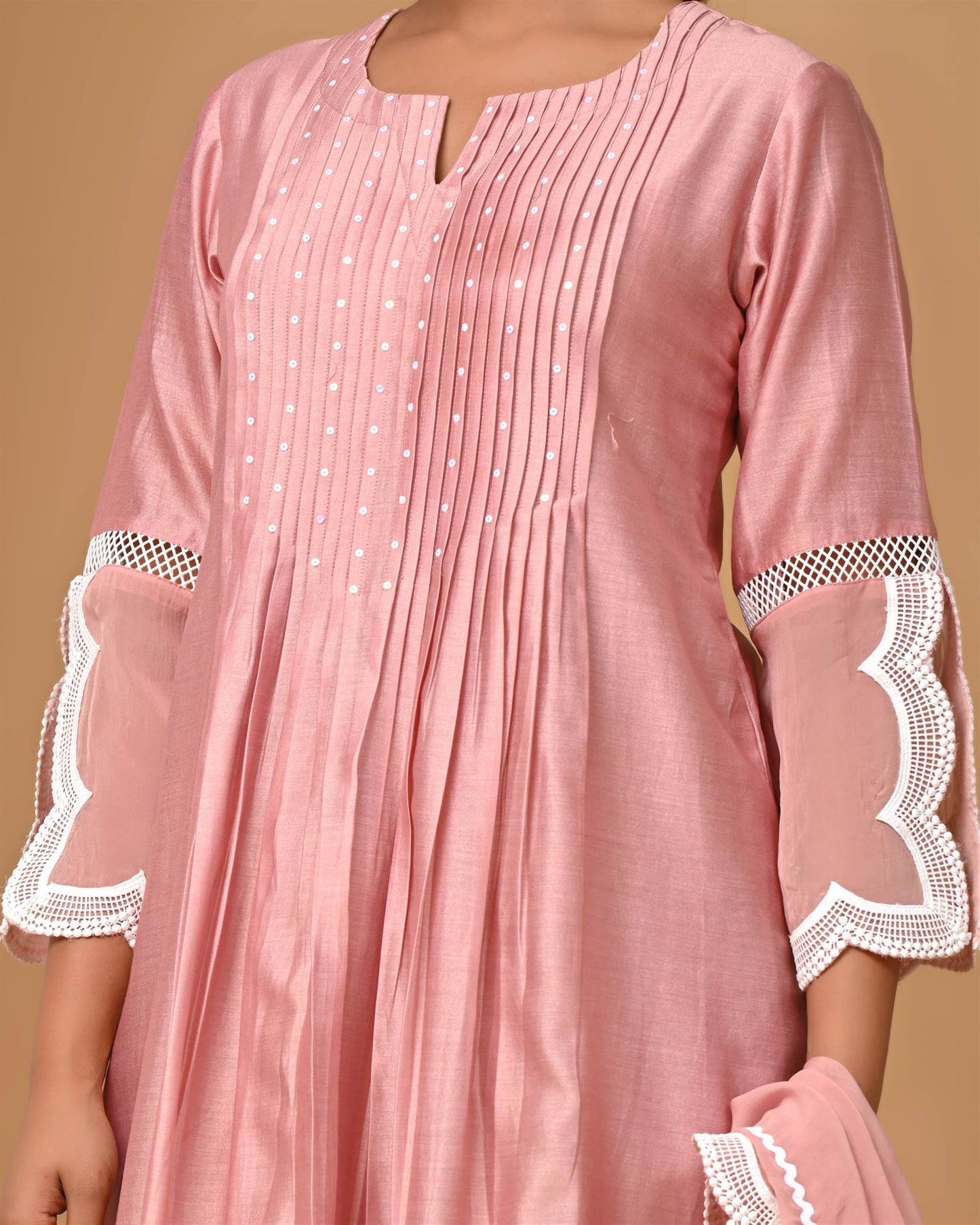 Dusty Peach Front Pintucks Suit Set with organza Sleeves