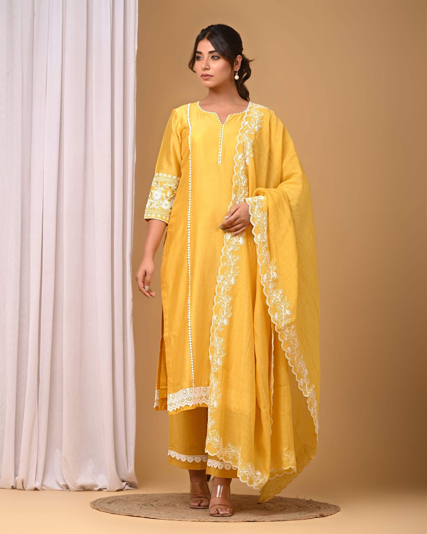 Yellow Suit set with Embroidered sleeves and Dupatta