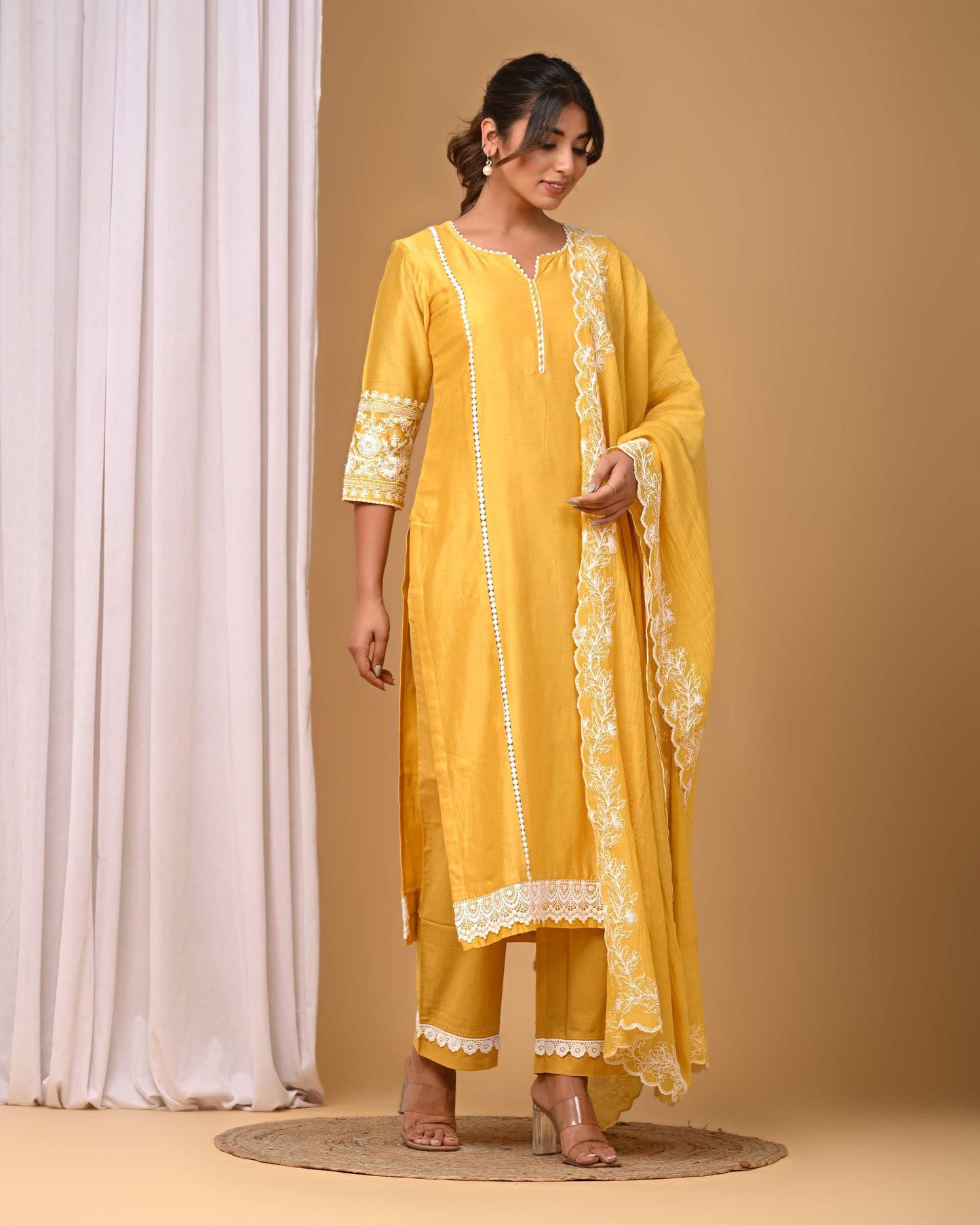Yellow Suit set with Embroidered sleeves and Dupatta