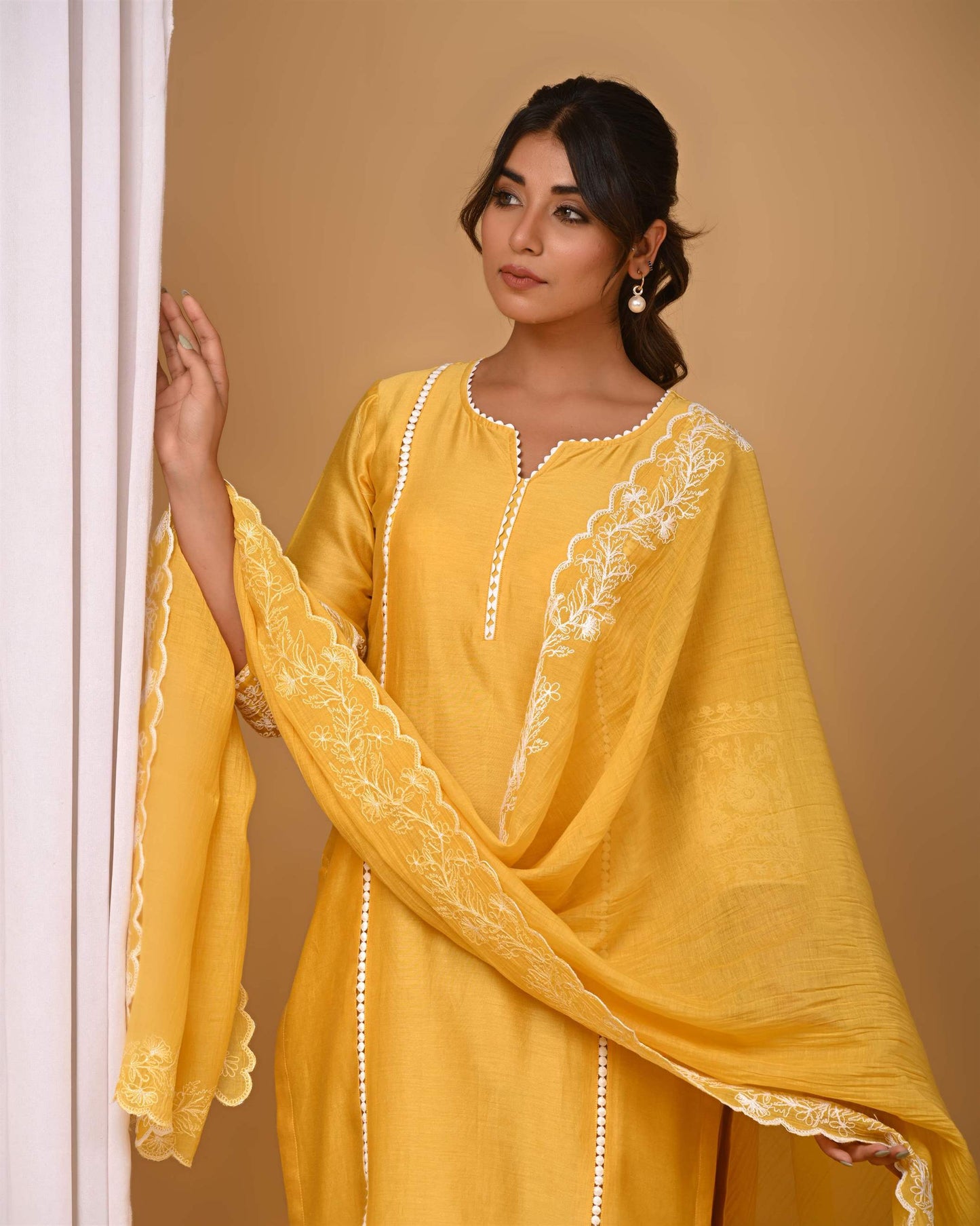 Yellow Suit set with Embroidered sleeves and Dupatta