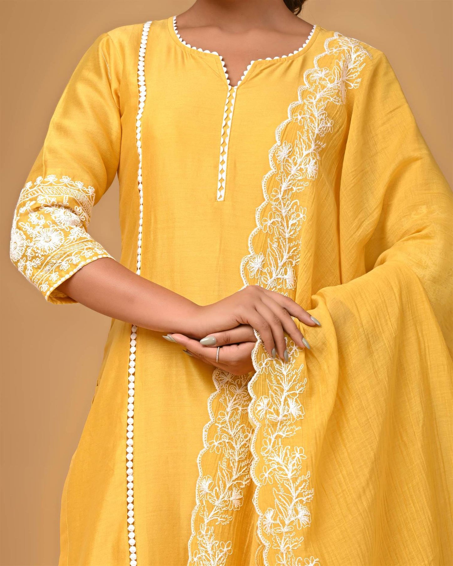 Yellow Suit set with Embroidered sleeves and Dupatta
