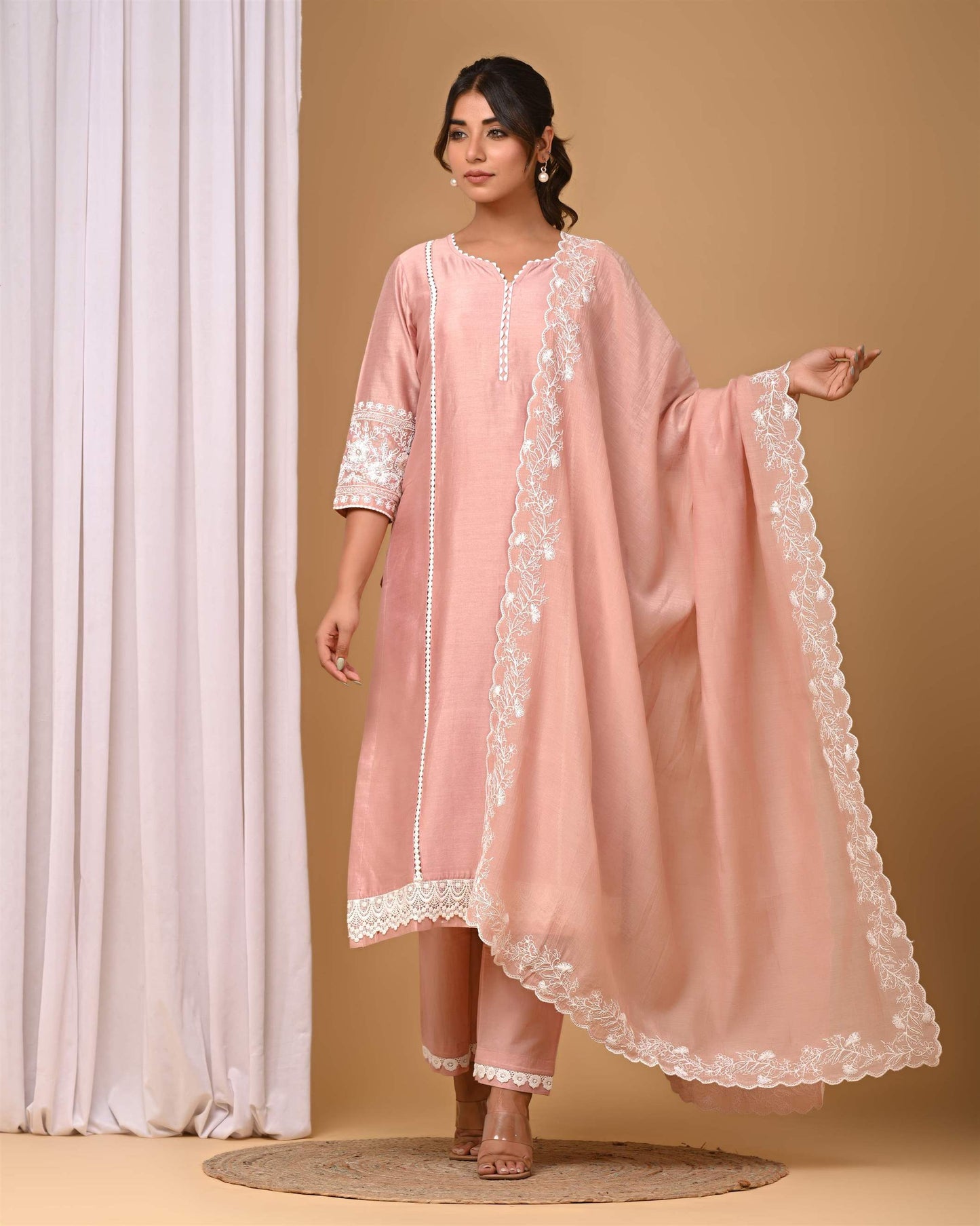 Dusty Peach Suit set with Embroidered sleeves and Dupatta