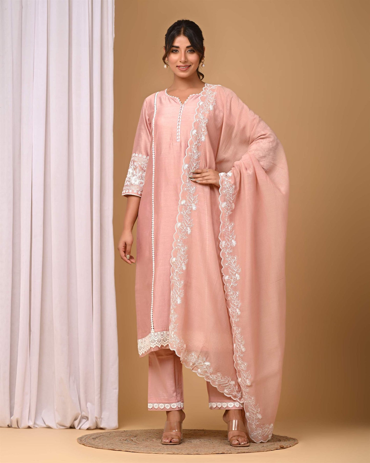 Dusty Peach Suit set with Embroidered sleeves and Dupatta