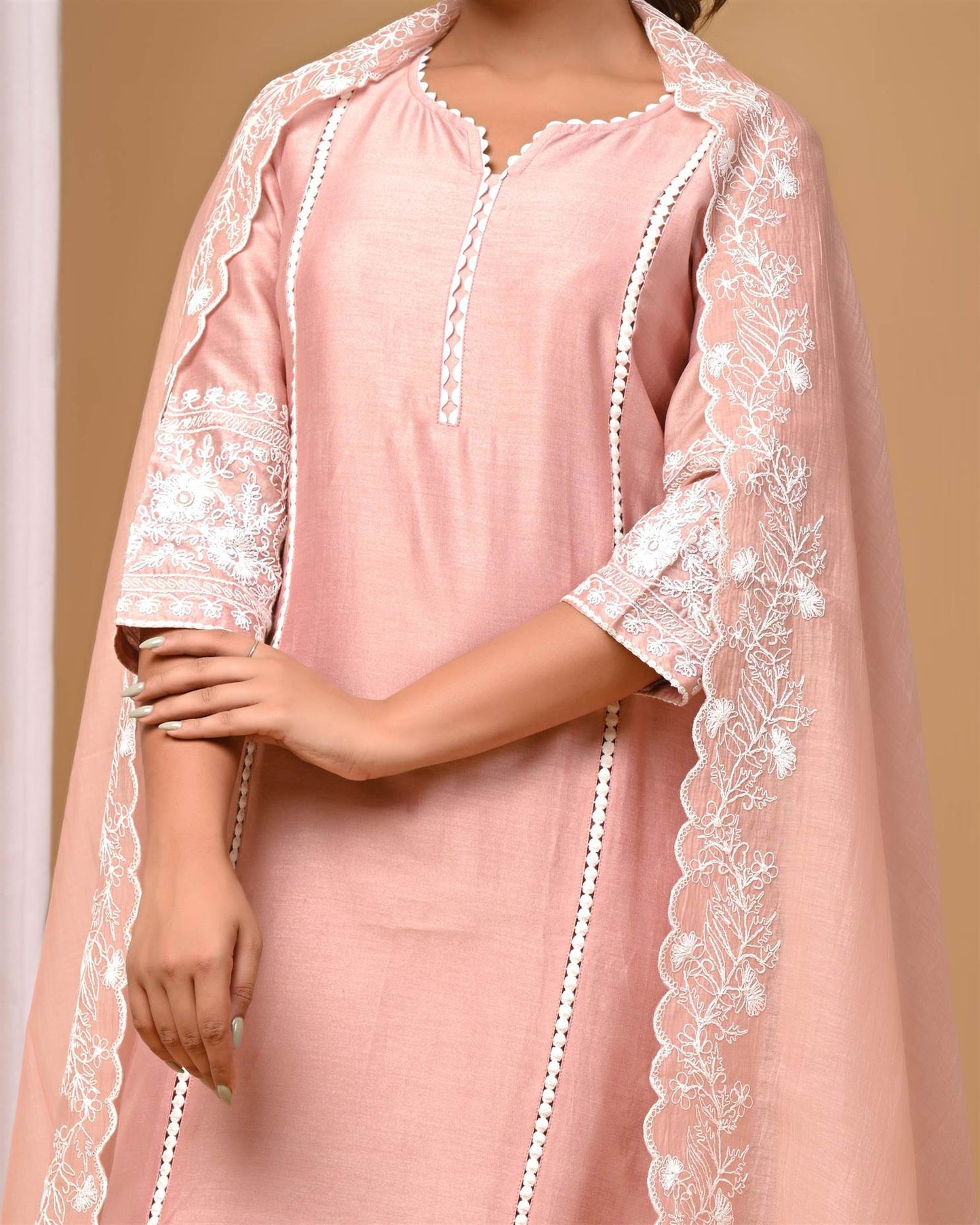 Dusty Peach Suit set with Embroidered sleeves and Dupatta