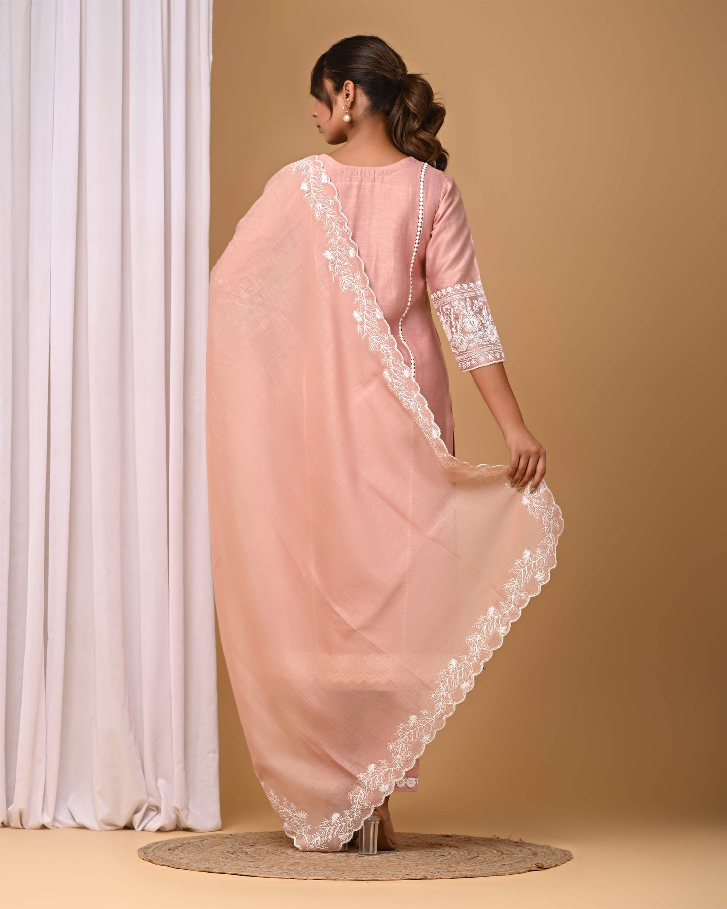 Dusty Peach Suit set with Embroidered sleeves and Dupatta
