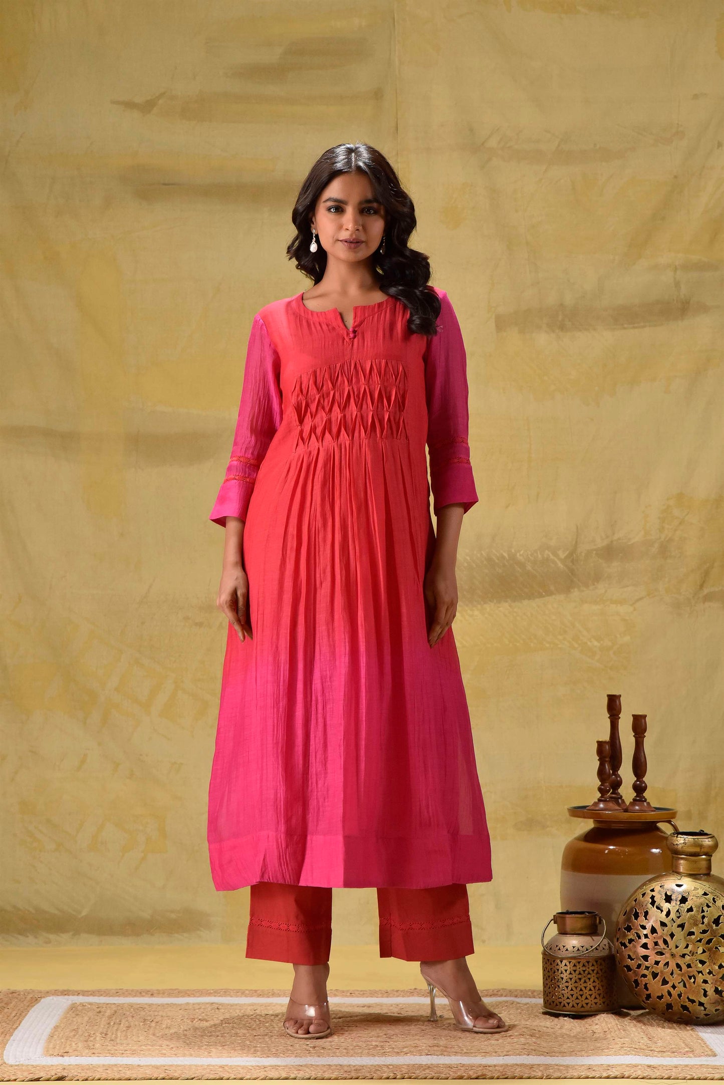 Red/Rani Ombre Kurta Pant Set