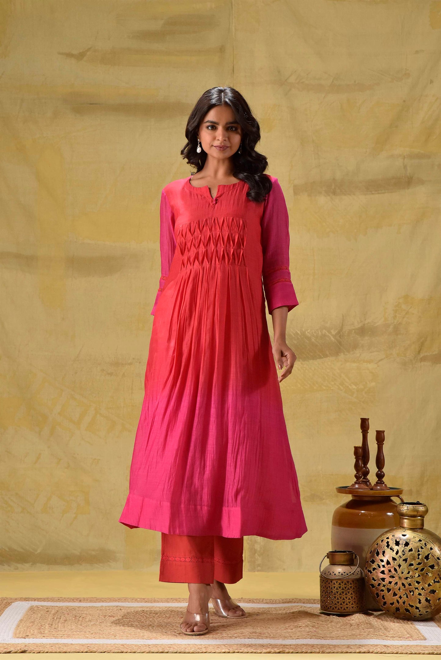 Red/Rani Ombre Kurta Pant Set