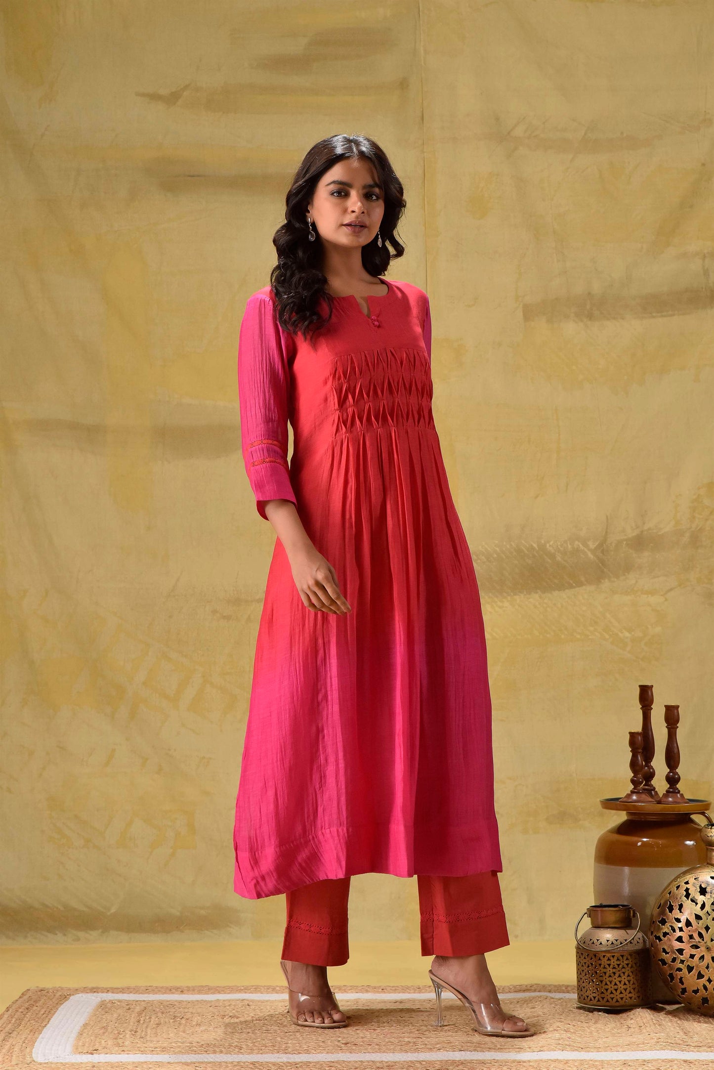 Red/Rani Ombre Kurta Pant Set