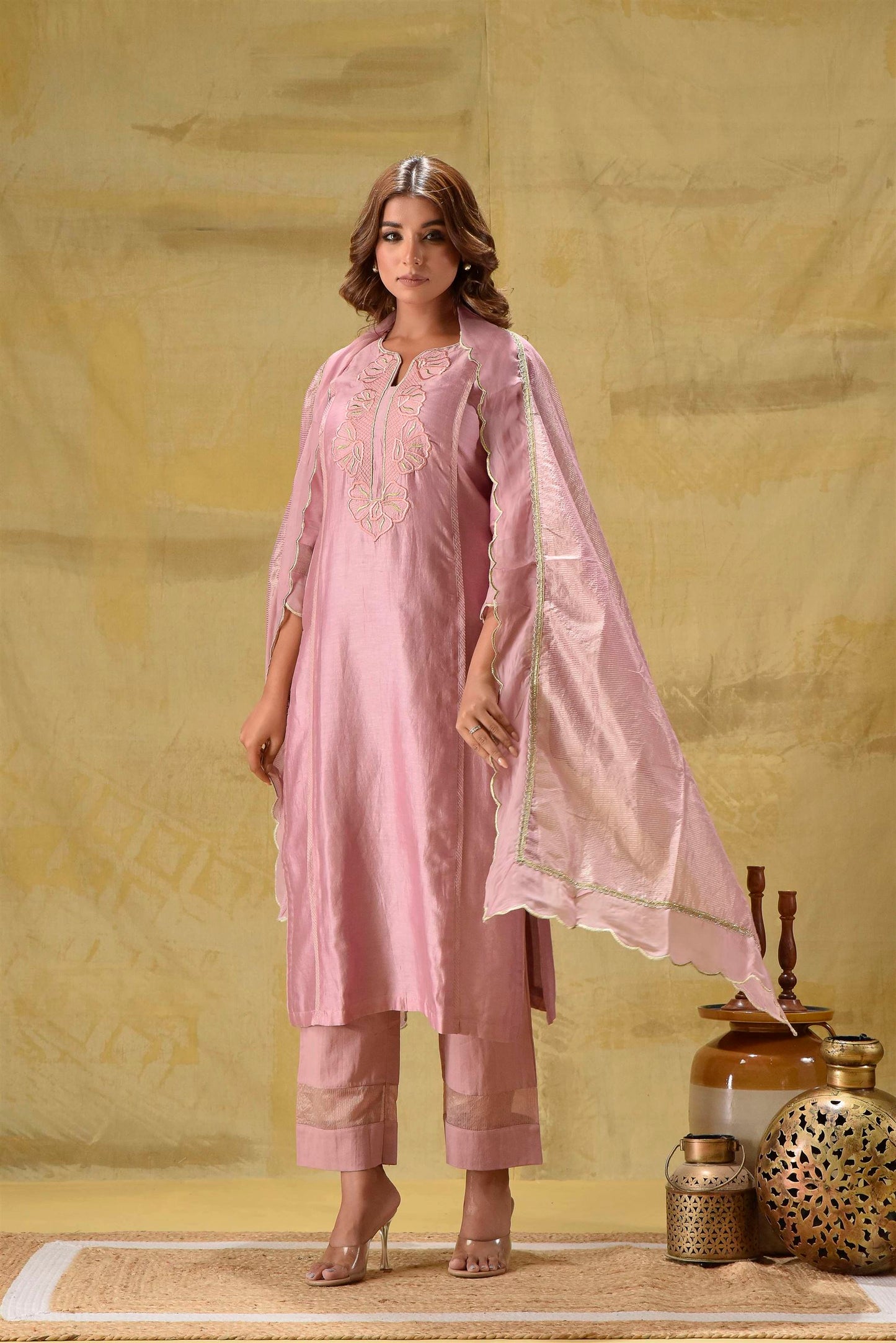 Dusty Peach Emroidered suit Set with Strped Dupatta