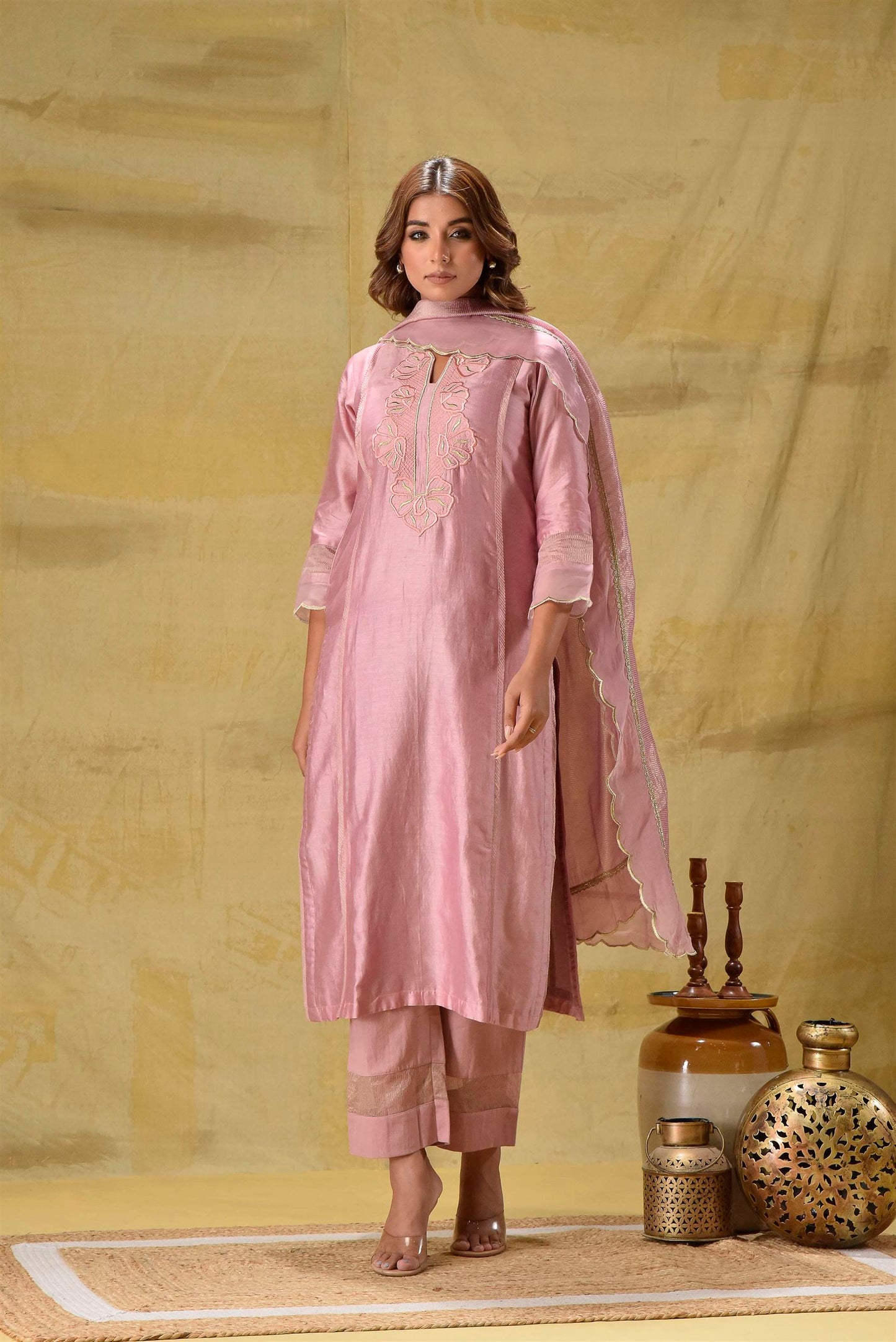 Dusty Peach Emroidered suit Set with Strped Dupatta