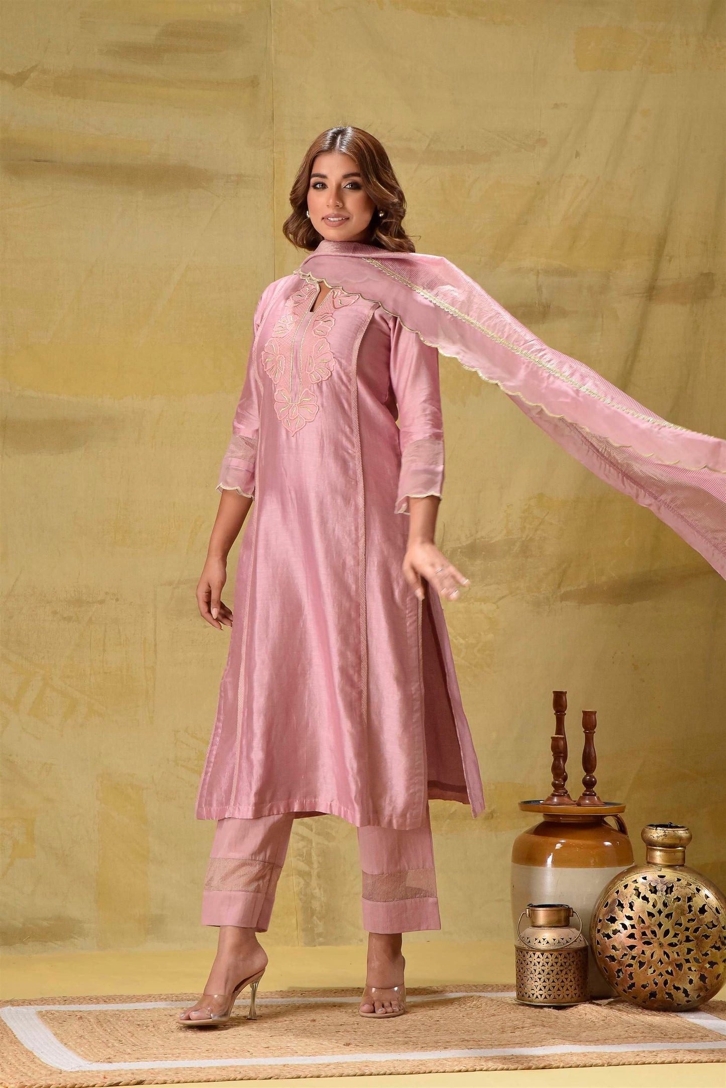 Dusty Peach Emroidered suit Set with Strped Dupatta