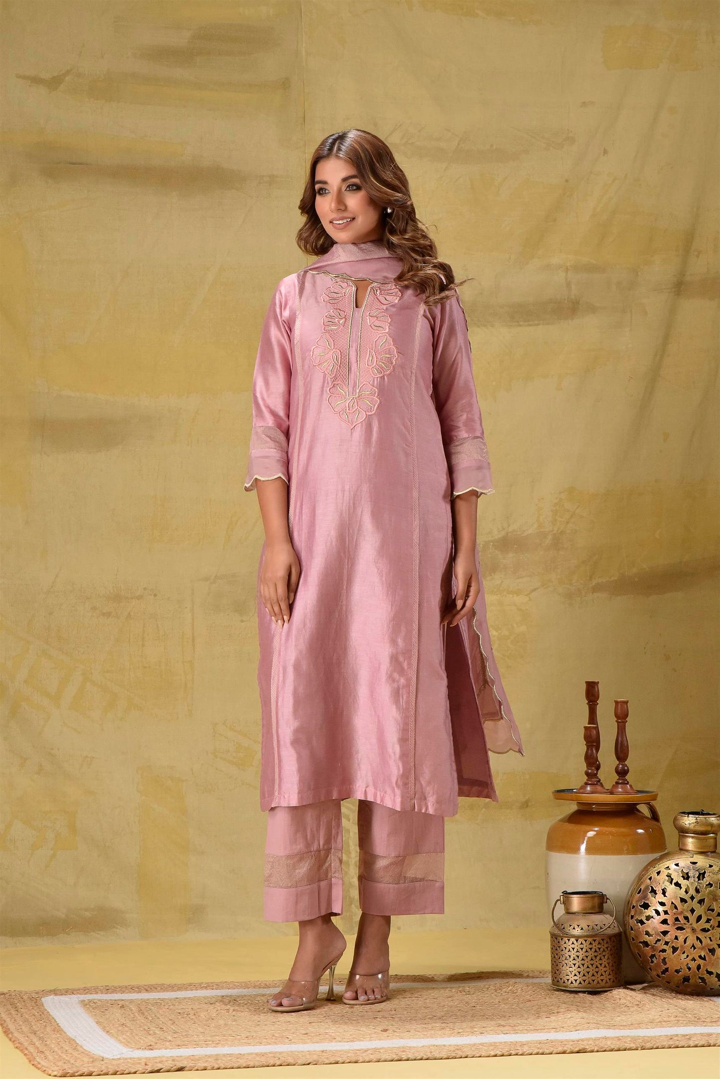 Dusty Peach Emroidered suit Set with Strped Dupatta