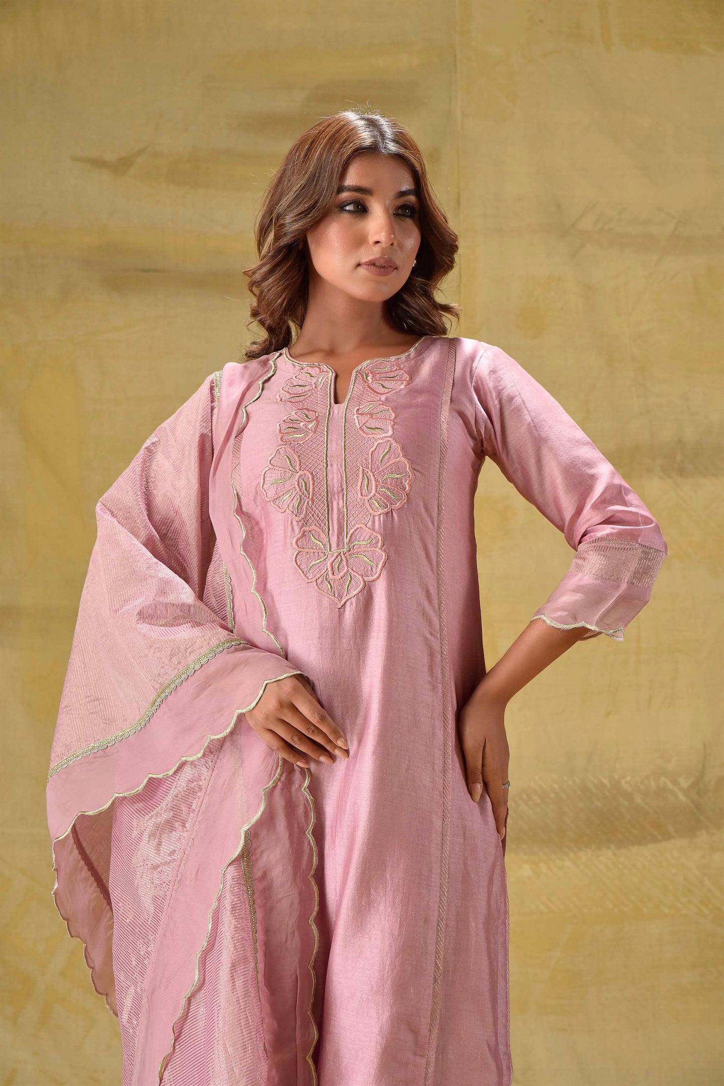 Dusty Peach Emroidered suit Set with Strped Dupatta