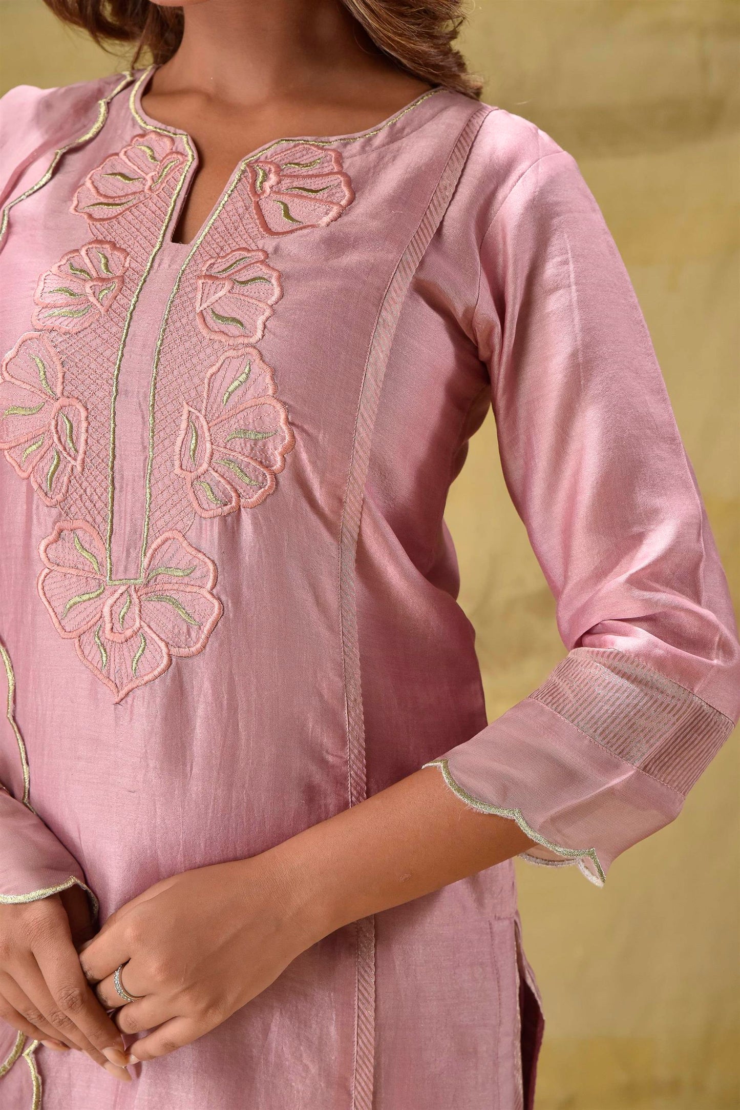 Dusty Peach Emroidered suit Set with Strped Dupatta