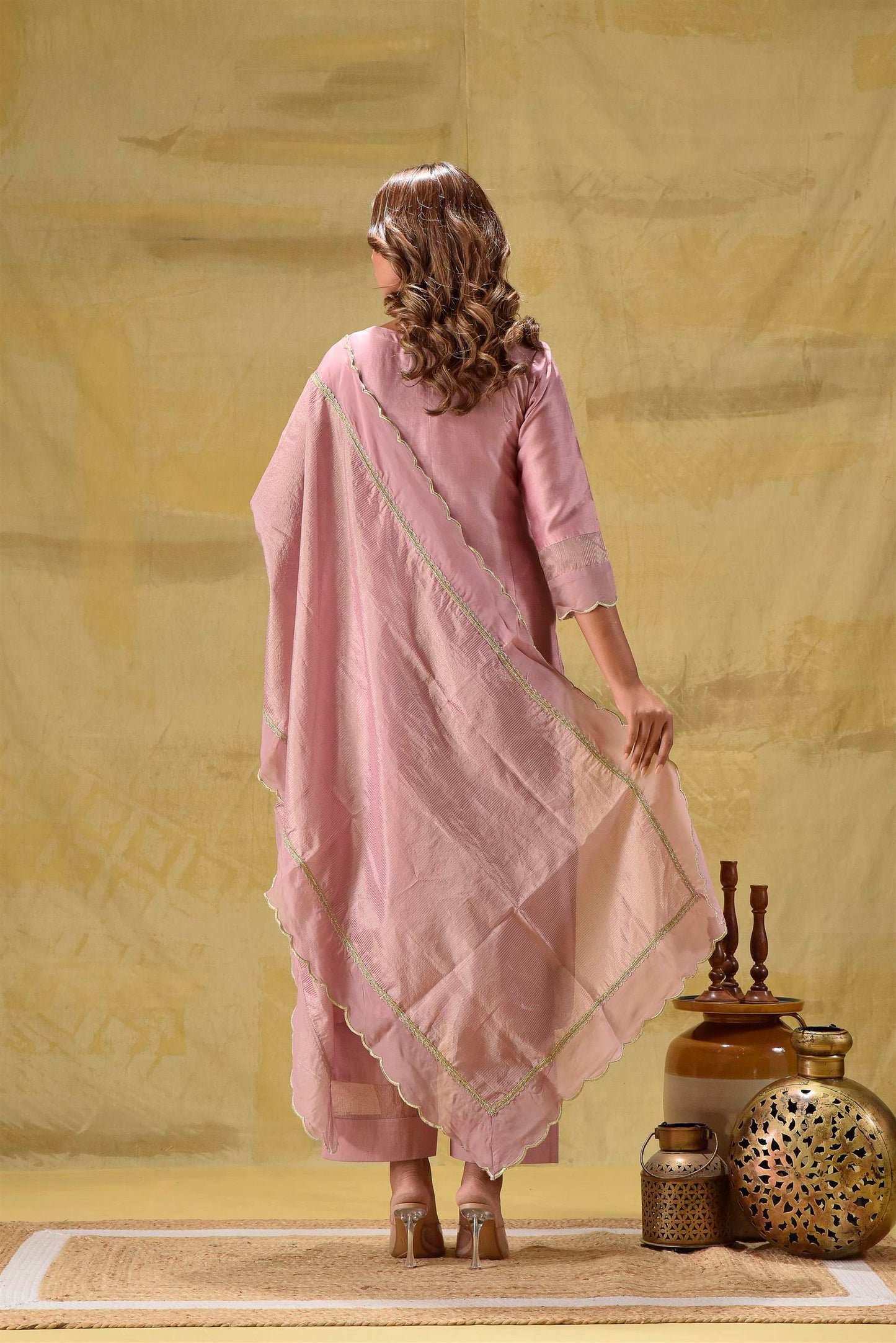 Dusty Peach Emroidered suit Set with Strped Dupatta