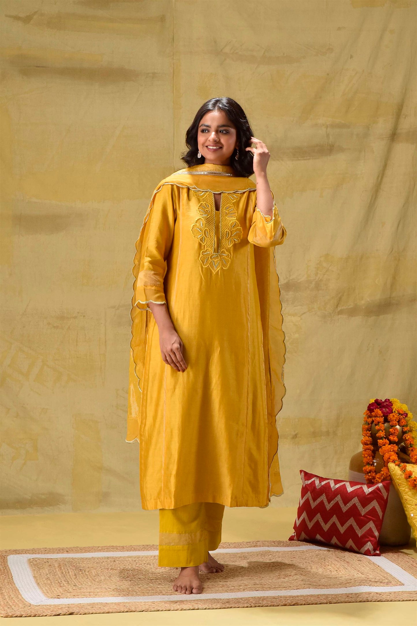 Deep Gold Emroidered suit Set with Strped Dupatta