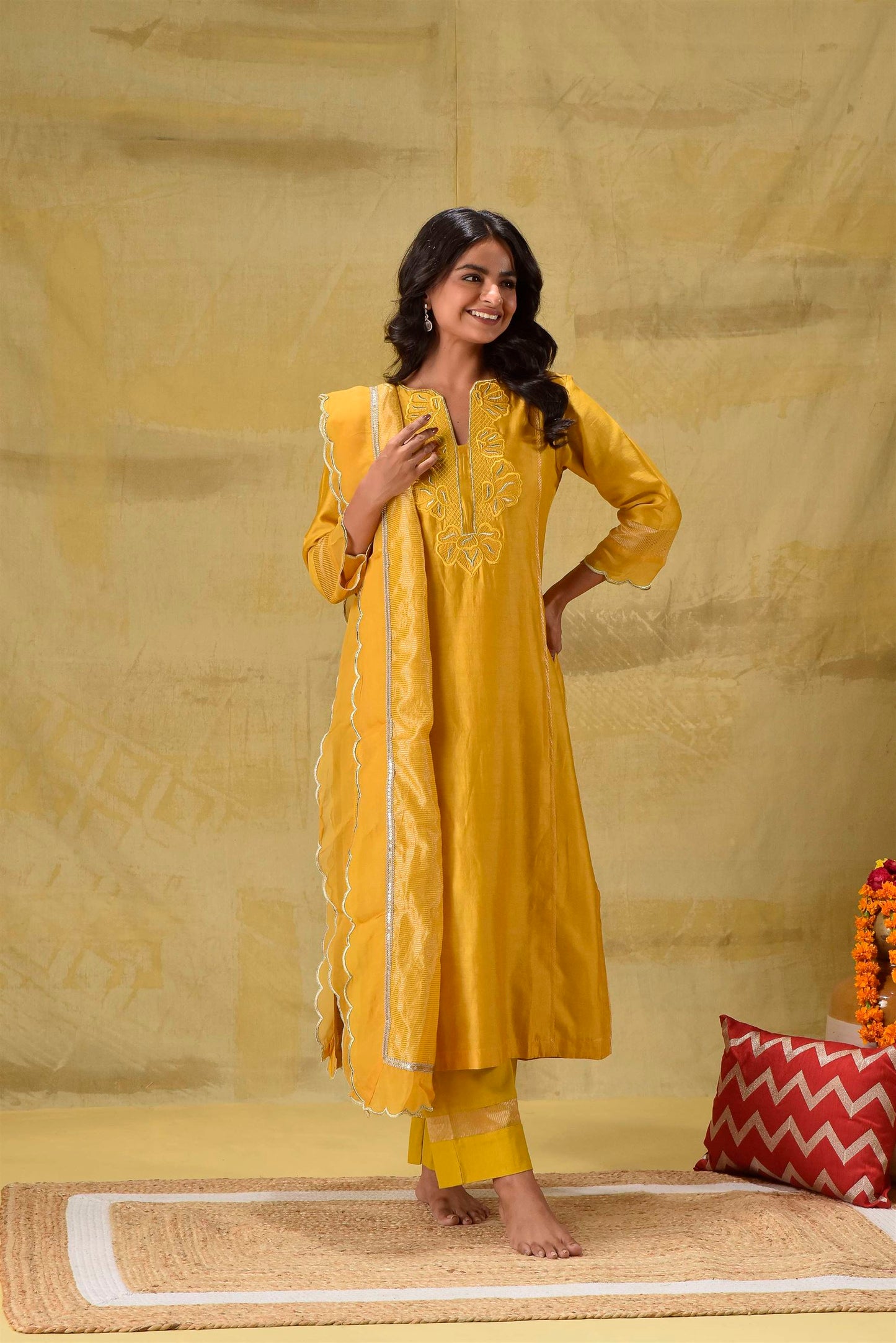 Deep Gold Emroidered suit Set with Strped Dupatta