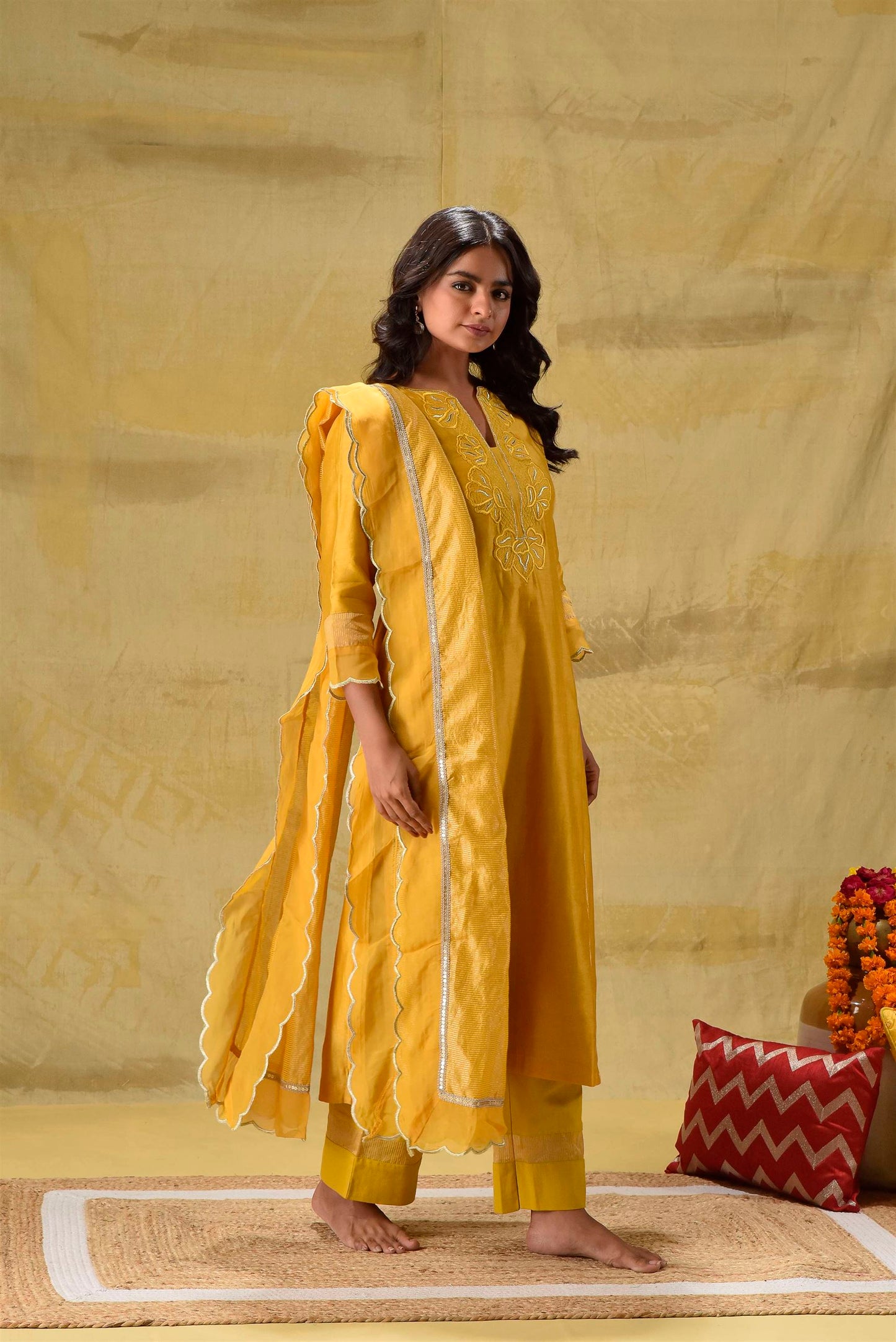 Deep Gold Emroidered suit Set with Strped Dupatta
