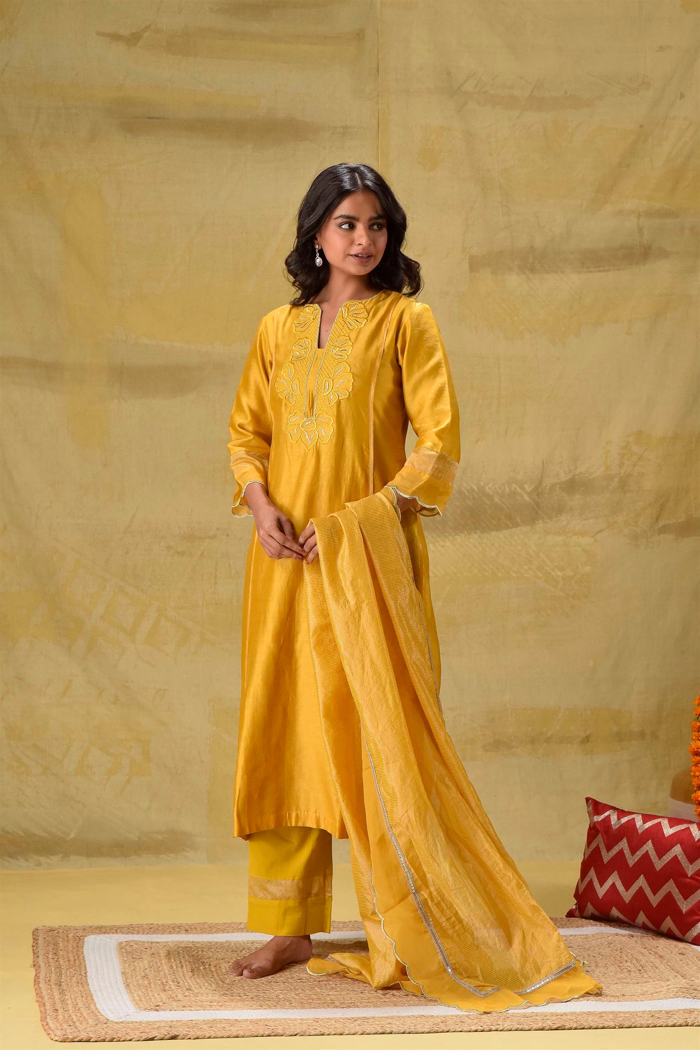 Deep Gold Emroidered suit Set with Strped Dupatta
