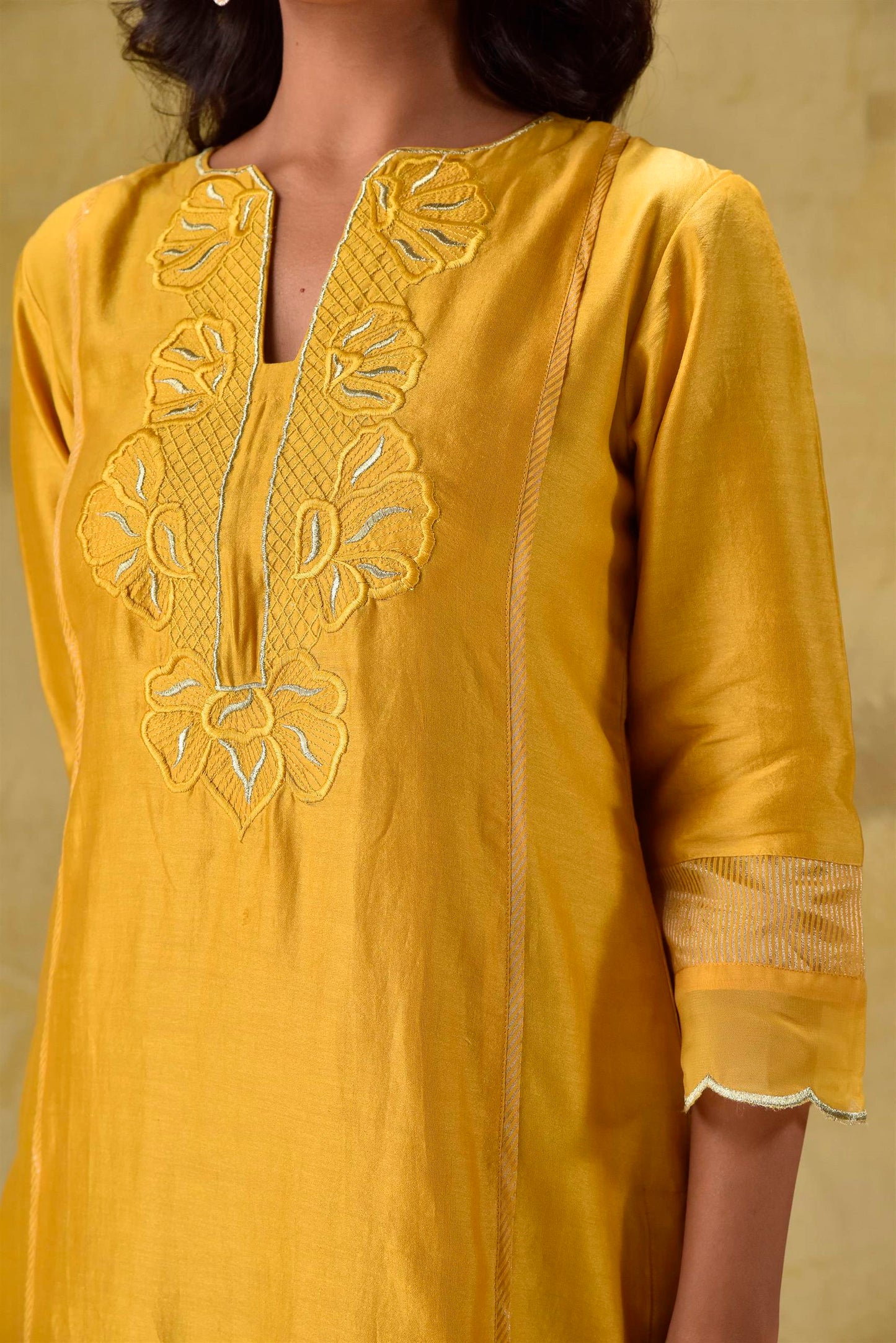 Deep Gold Emroidered suit Set with Strped Dupatta