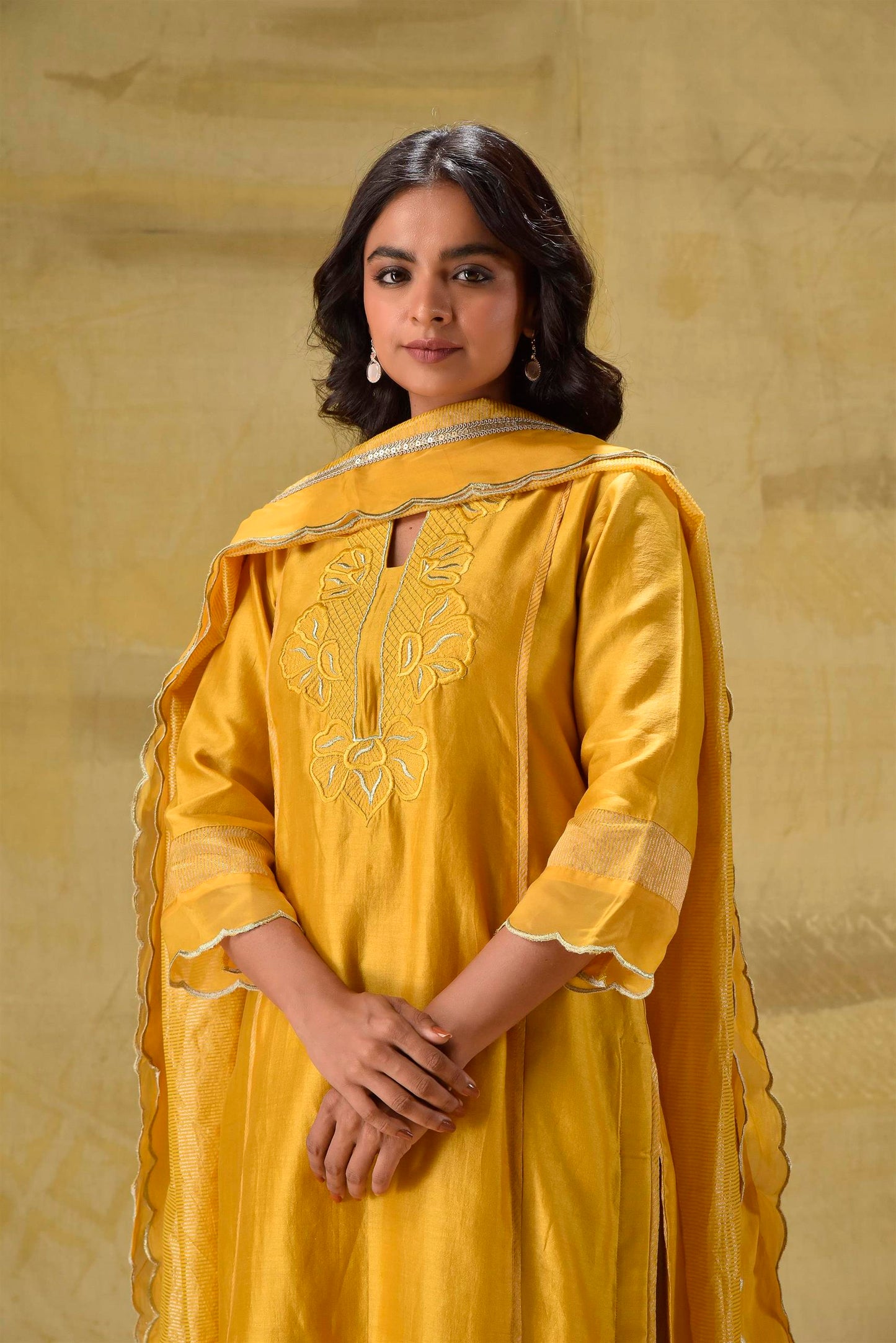 Deep Gold Emroidered suit Set with Strped Dupatta