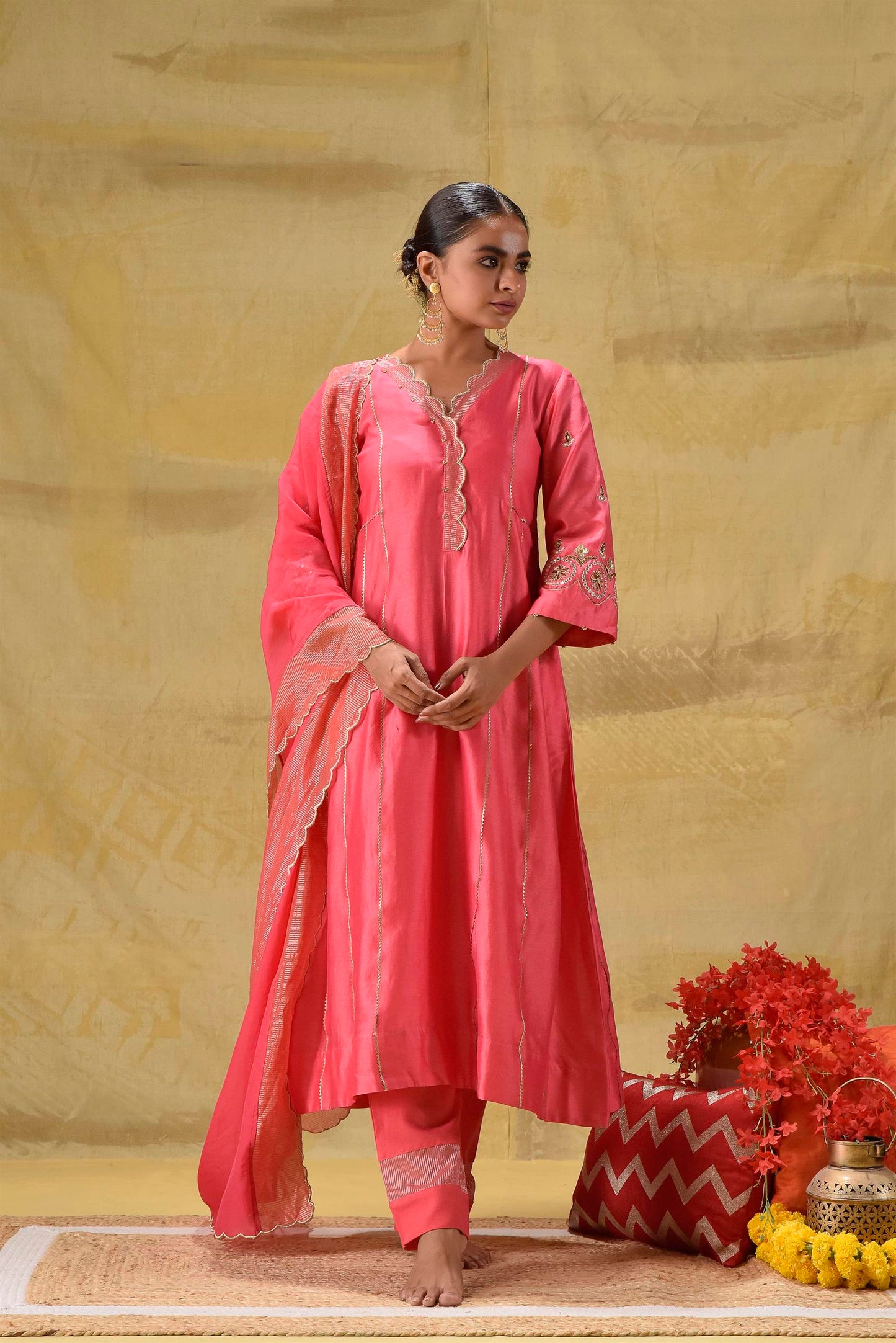 Bright Peach Zardozi Suit Set