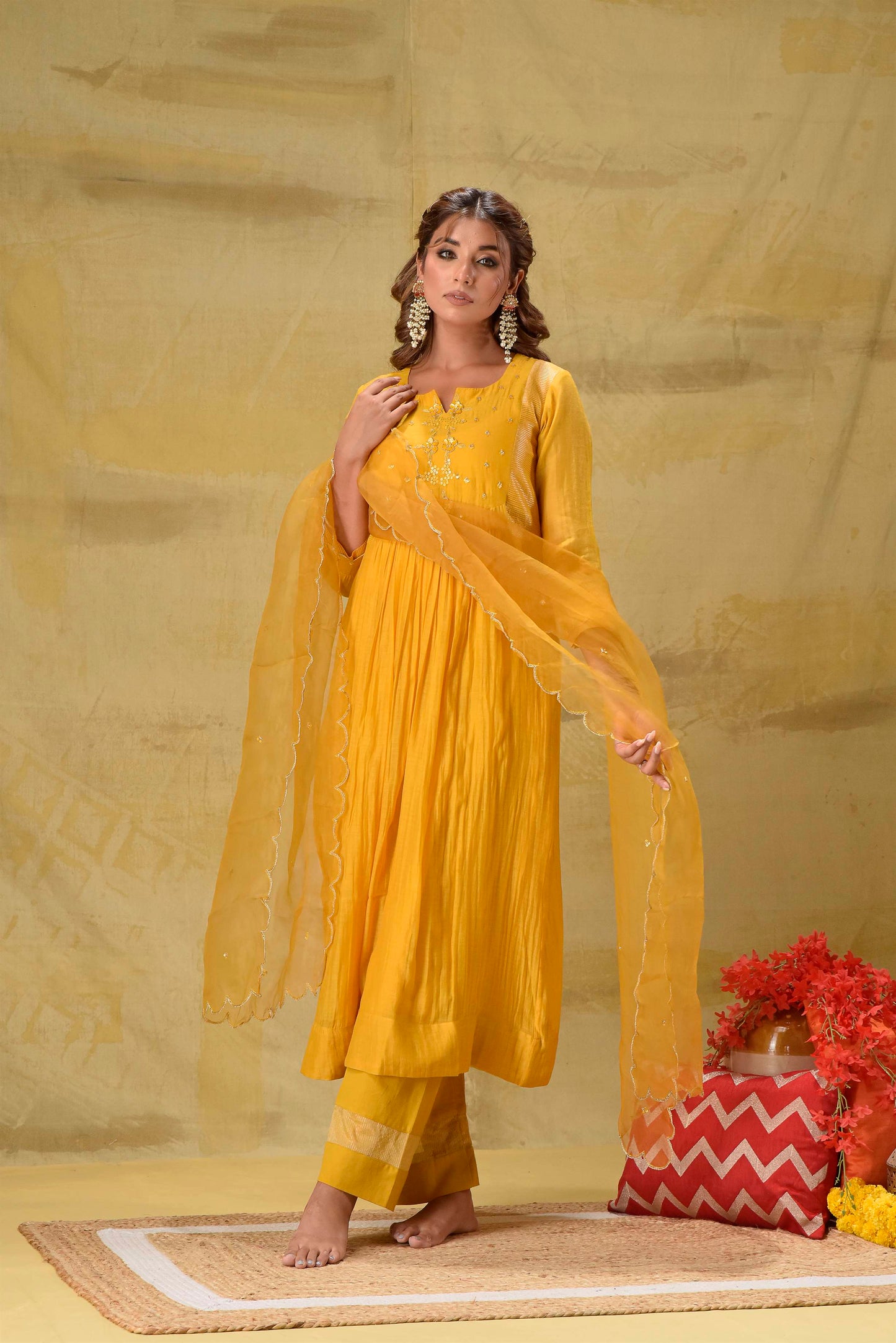 Deep Gold Hand Embroidered Suit Set