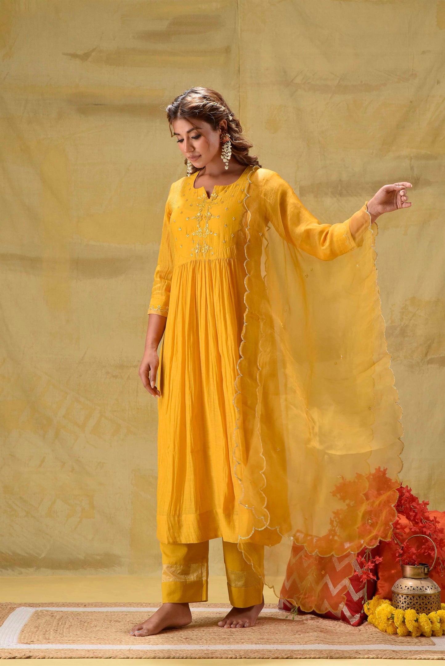 Deep Gold Hand Embroidered Suit Set