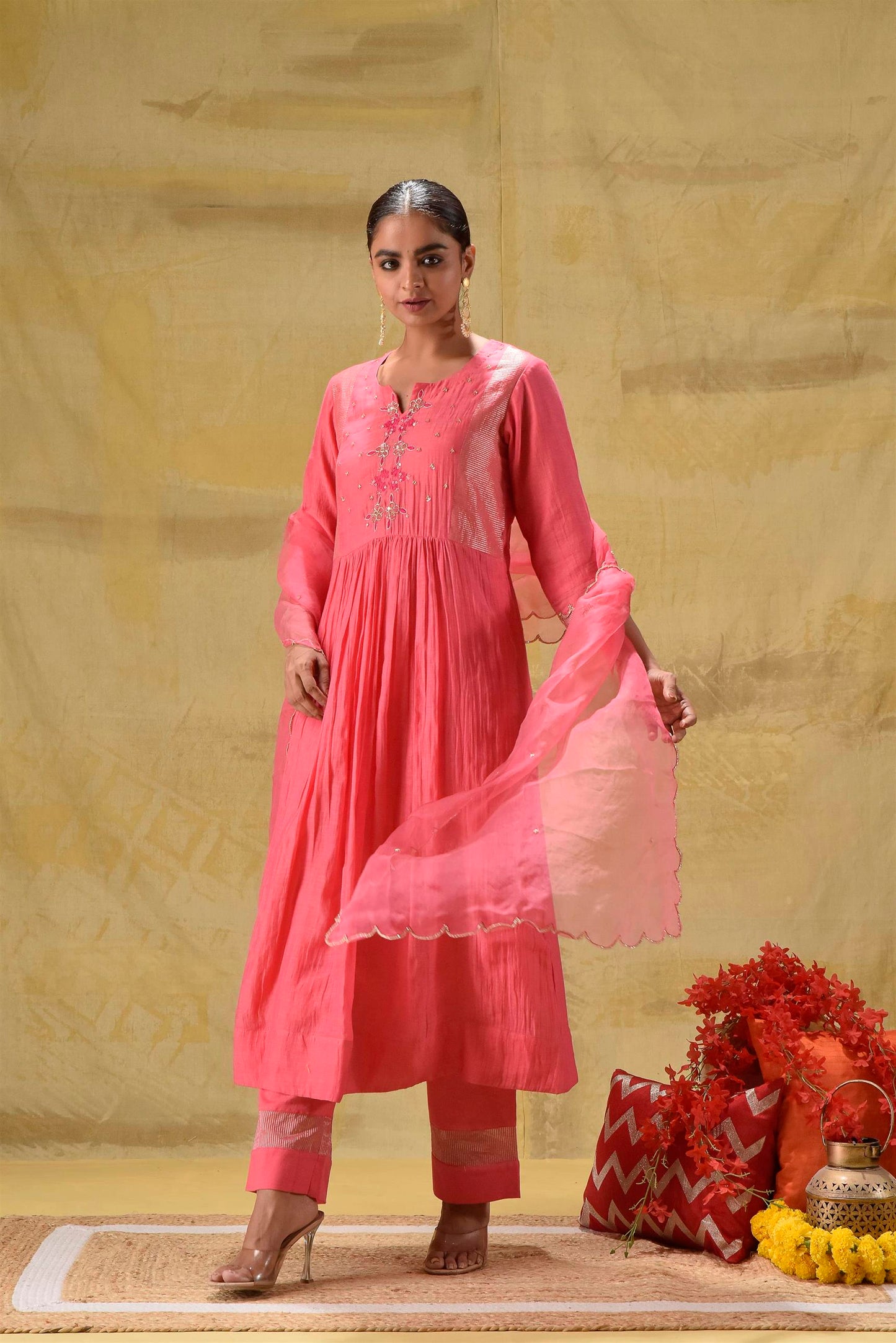 Bright Peach Hand Embroidered Suit Set