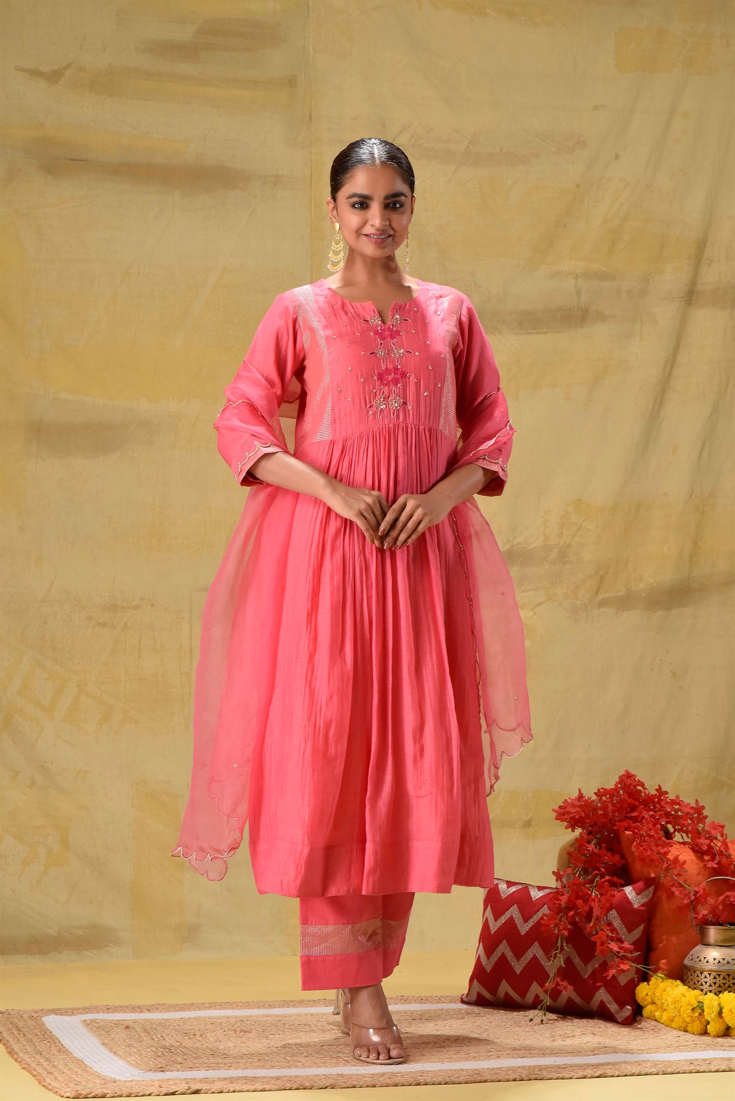 Bright Peach Hand Embroidered Suit Set