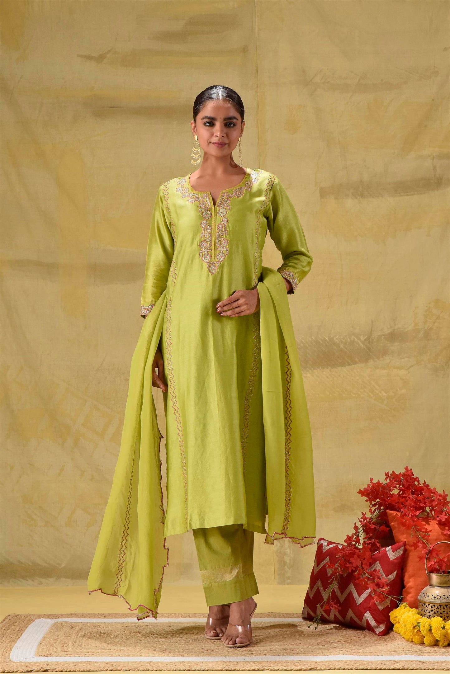 Lime green Badla Embroidered Suit Set