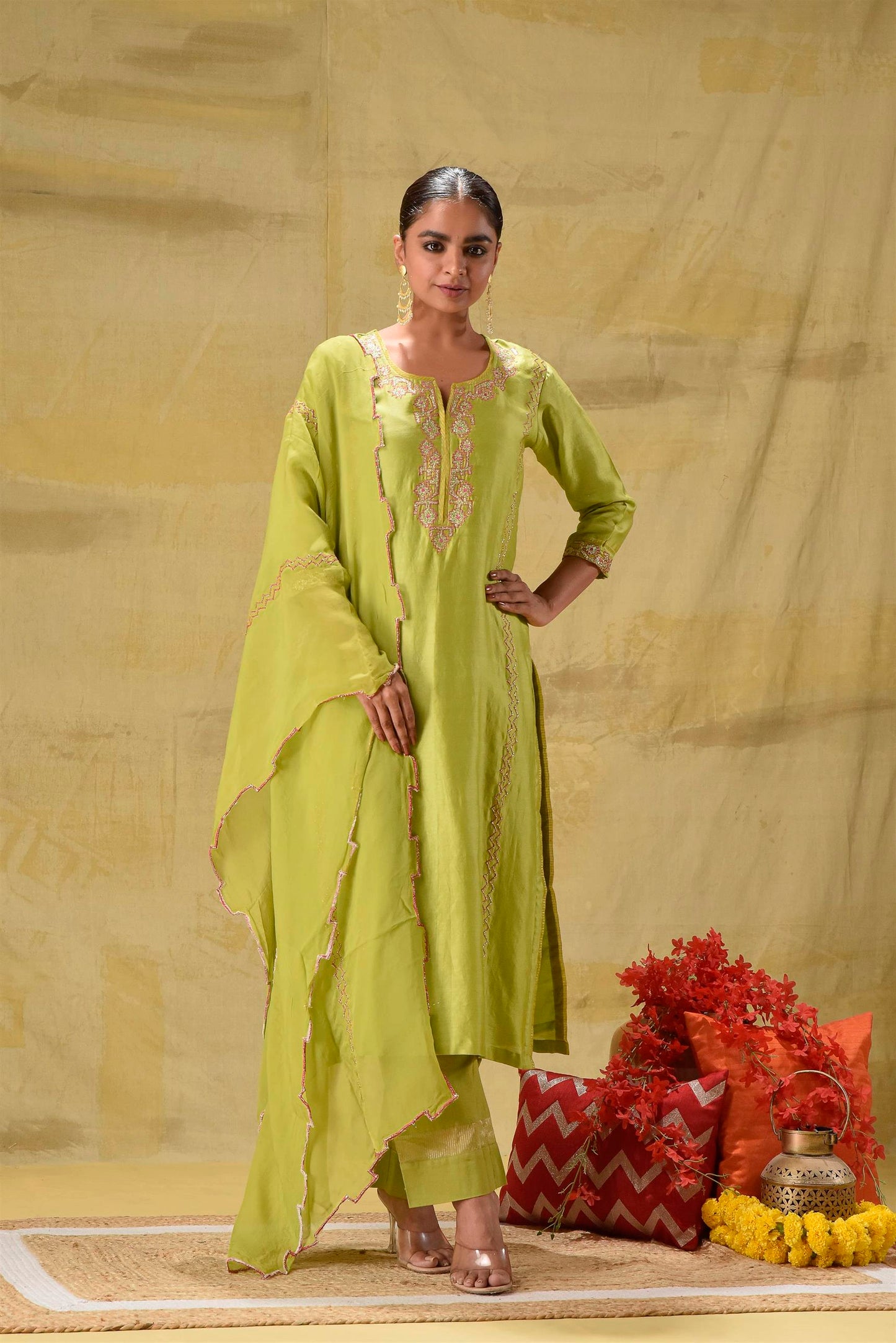 Lime green Badla Embroidered Suit Set