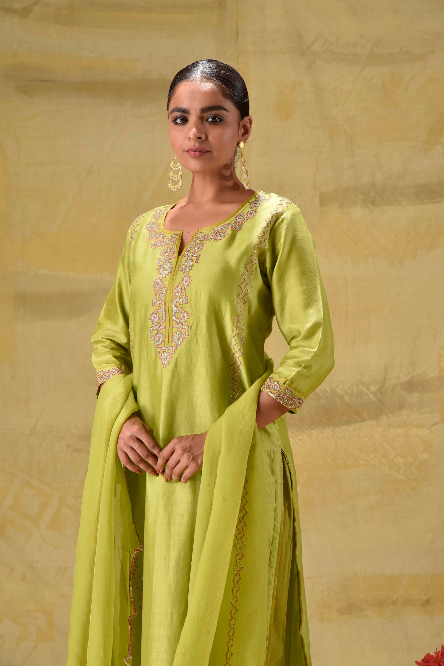 Lime green Badla Embroidered Suit Set
